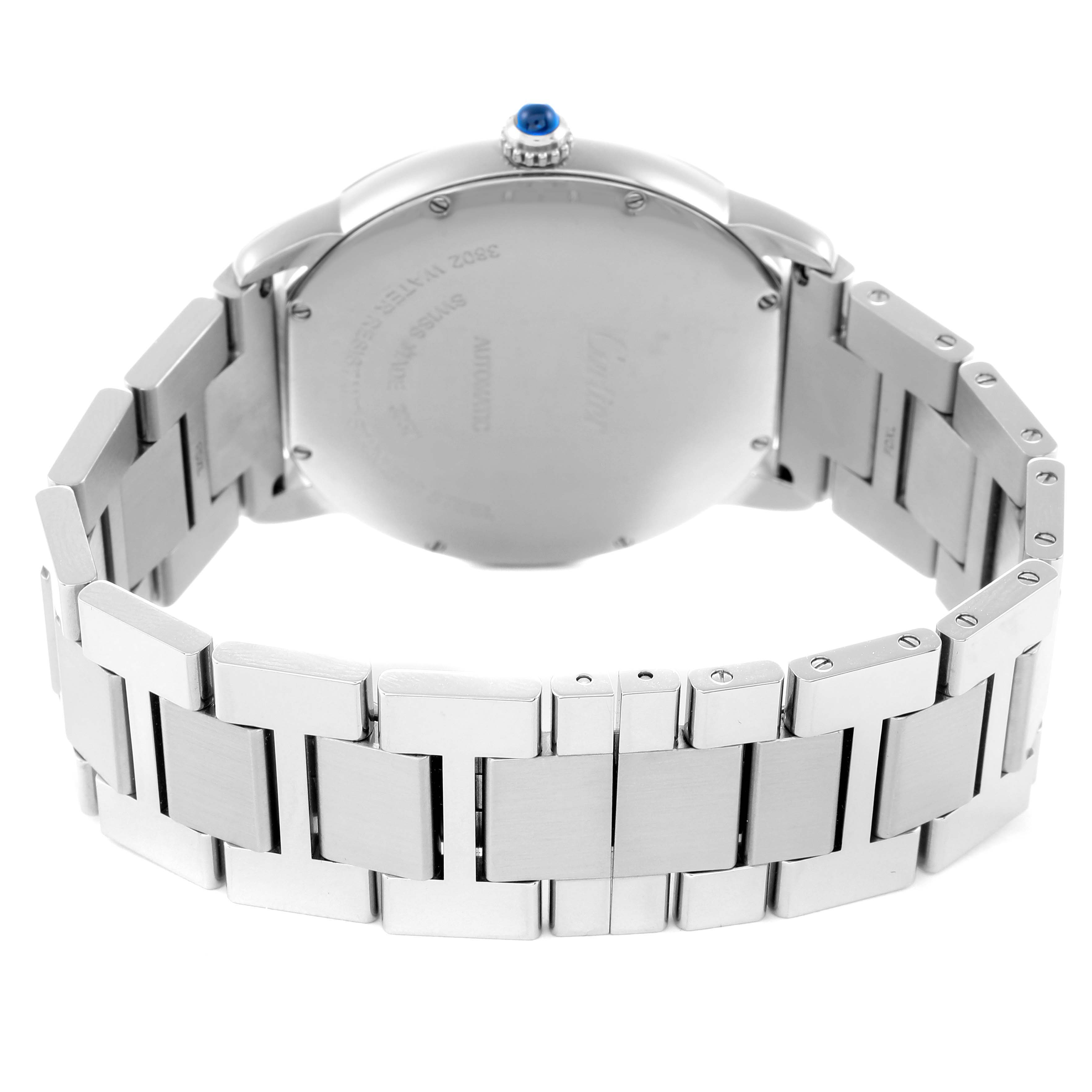 The image shows the back and bracelet of the Cartier Ronde model, model number WSRN0023, with a focus on the clasp and polished metal links from a rear angle.