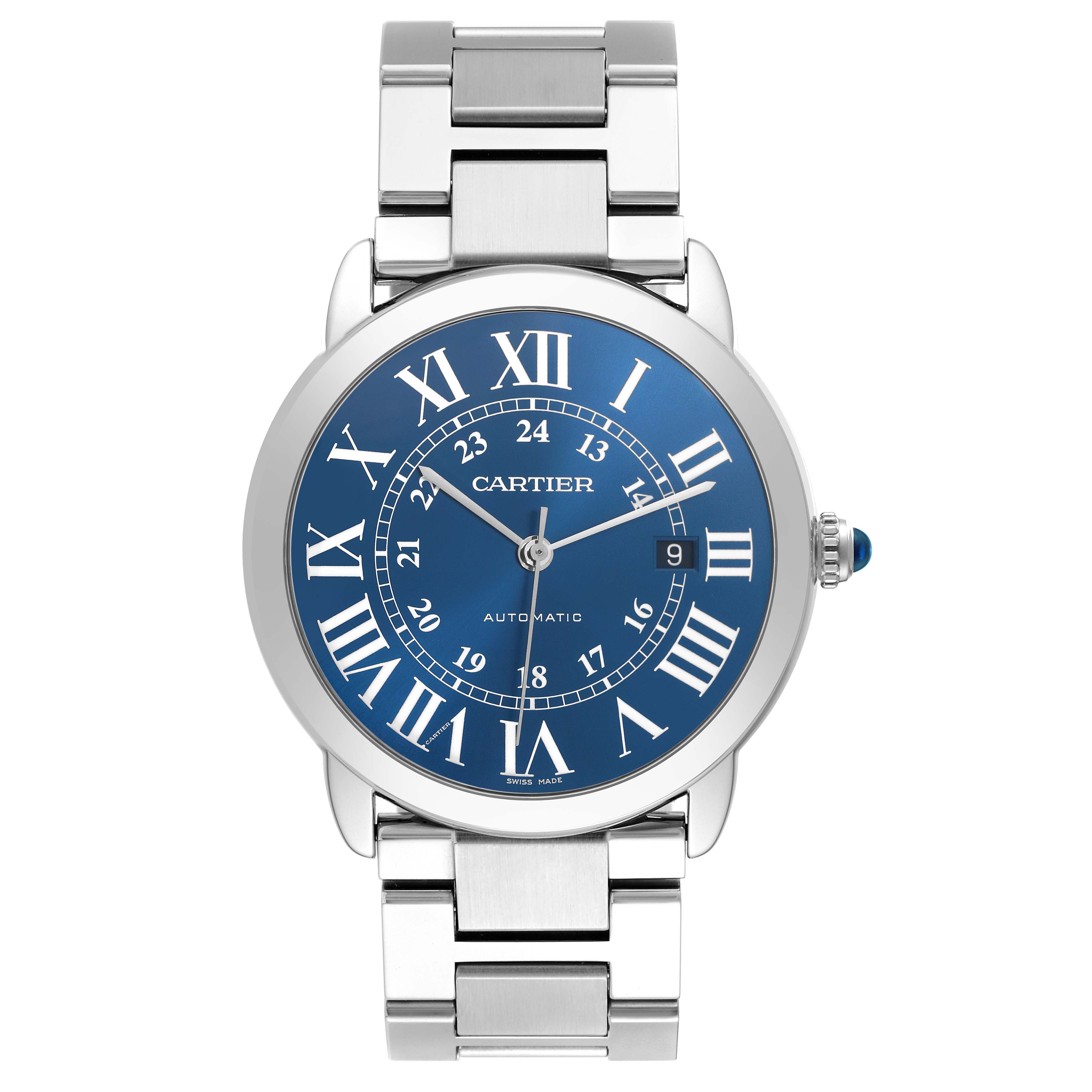 The image shows a front view of the Cartier Ronde men's watch, model WSRN0023, highlighting its blue dial, Roman numerals, and stainless steel bracelet.