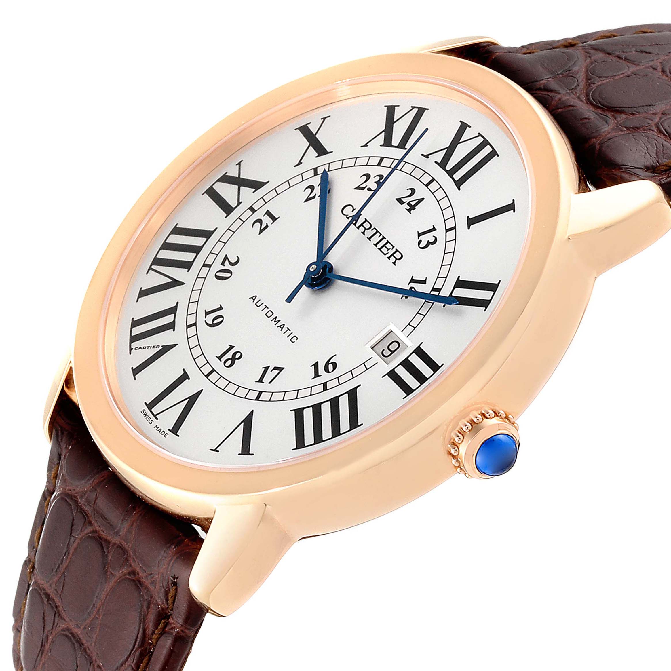 The image shows a side-angle view of the Cartier Ronde W6701009 Men's Rose Gold Silver Dial W6701009 Men's Rose Gold Silver Dial model watch face and brown leather strap.