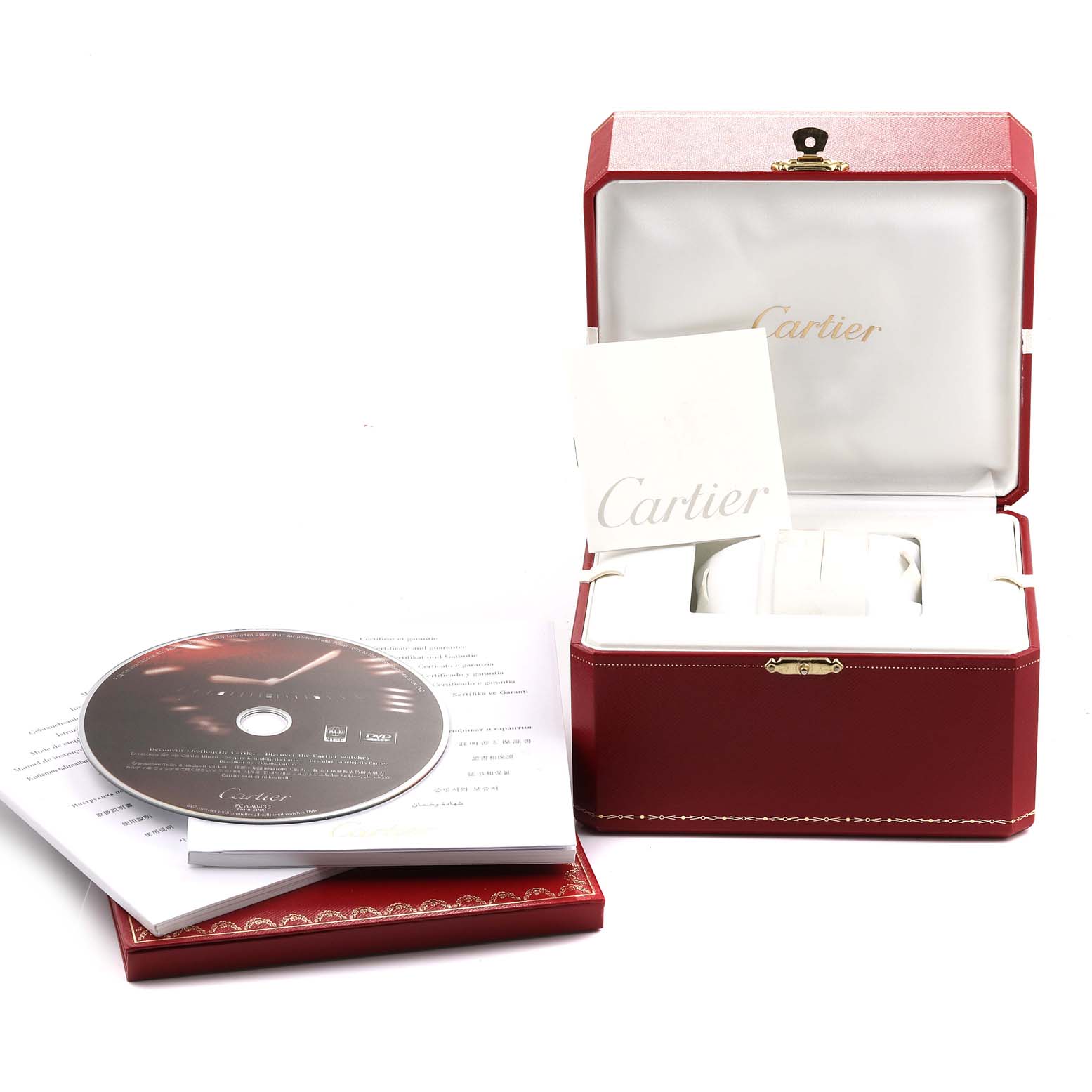 The image shows a Cartier Ronde W6701009 Men's Rose Gold Silver Dial W6701009 Men's Rose Gold Silver Dial watch box, manual, and CD from a front angle.