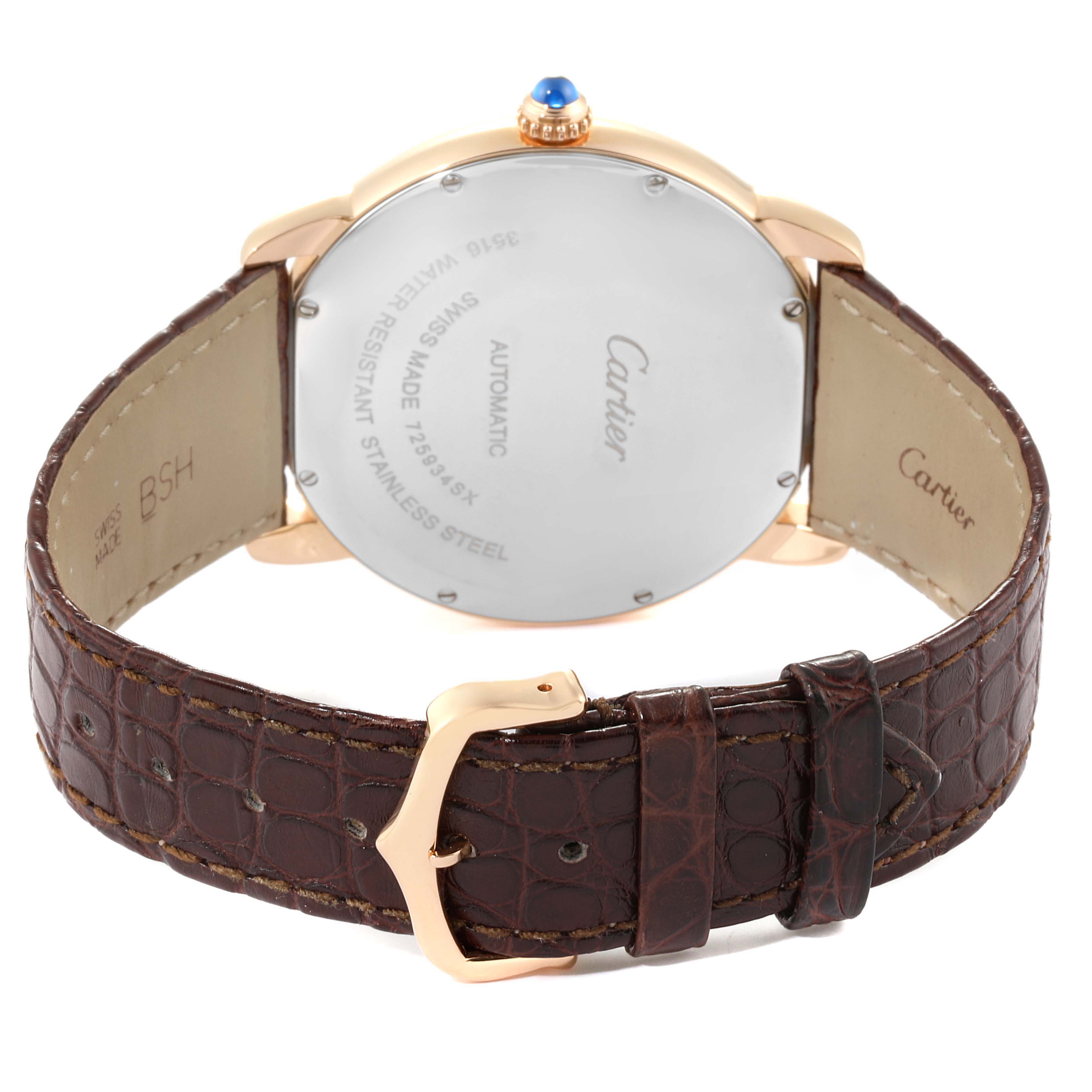 This image shows the back view of the Cartier Ronde W6701009 Men's Rose Gold Silver Dial W6701009 Men's Rose Gold Silver Dial model watch, focusing on the case back and brown leather strap with a buckle.