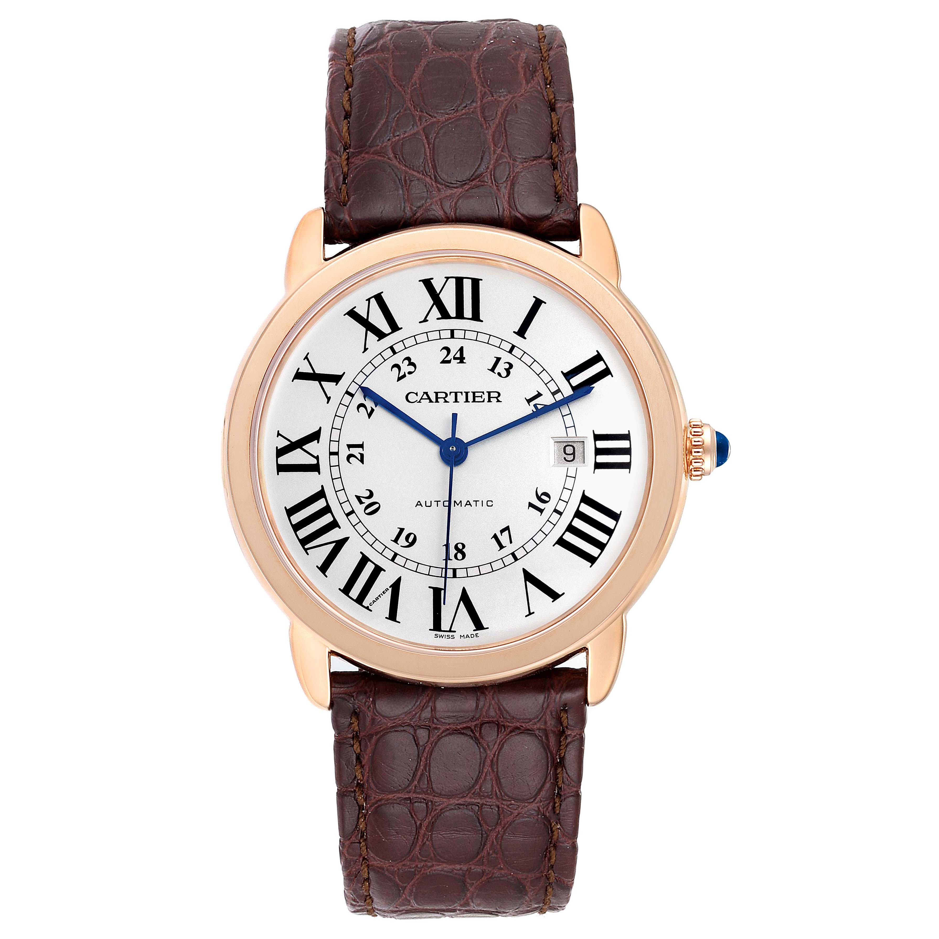 The Ronde model by Cartier is shown from the front, featuring its dial, hands, and leather strap.