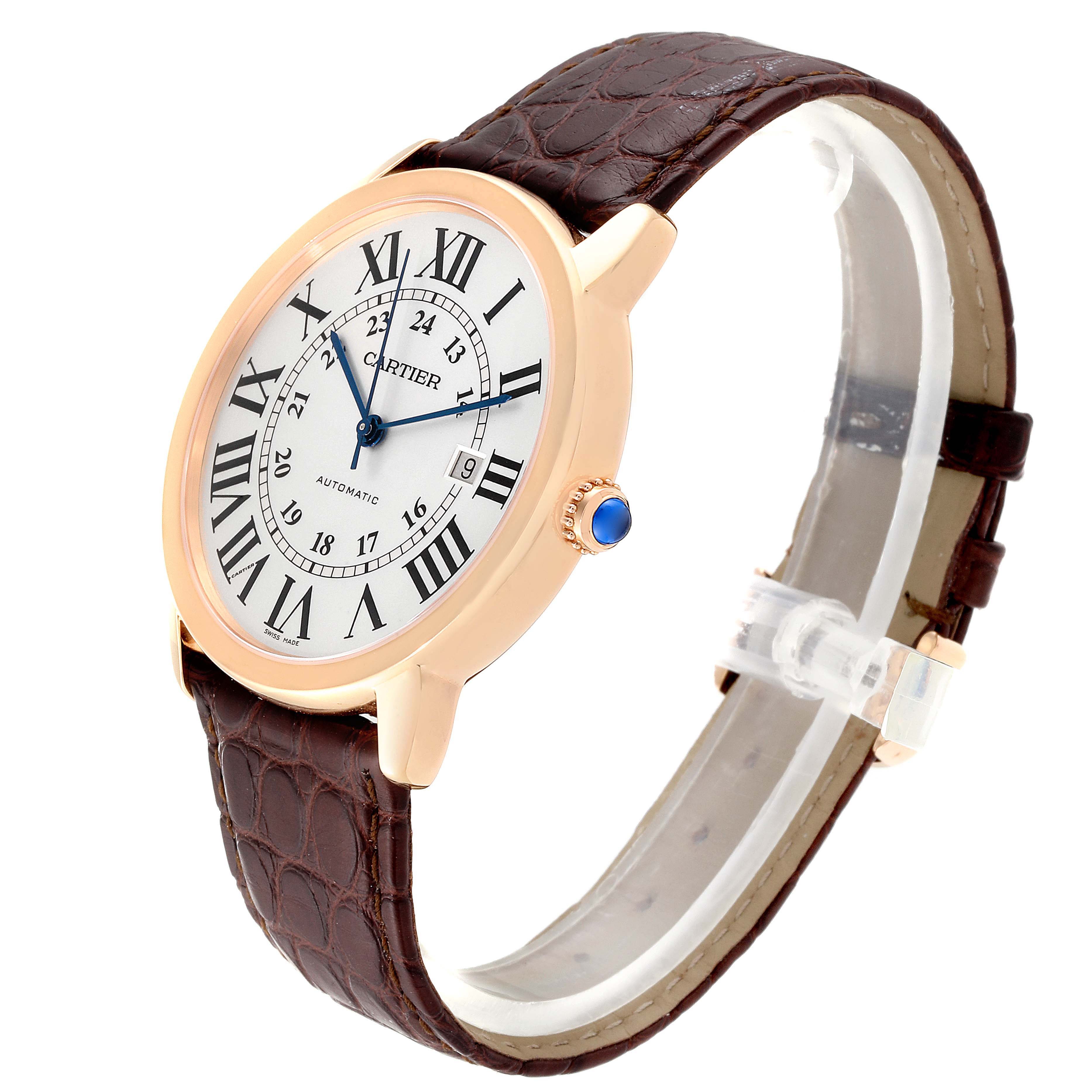 The Ronde model by Cartier is shown from a side angle, displaying the watch face, crown, and leather strap.