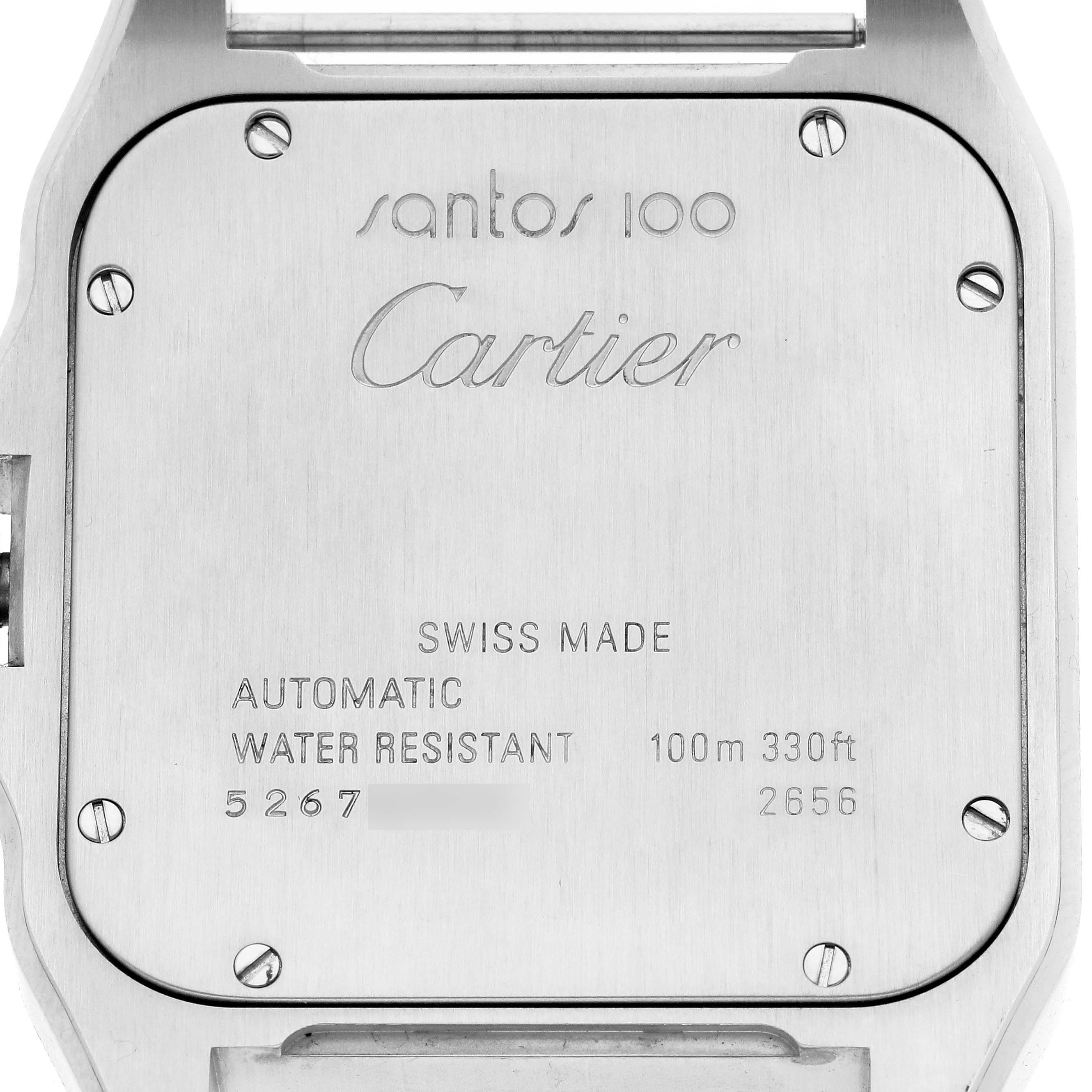 This is the back view of a Santos model by Cartier, showing engravings for model details and specifications.