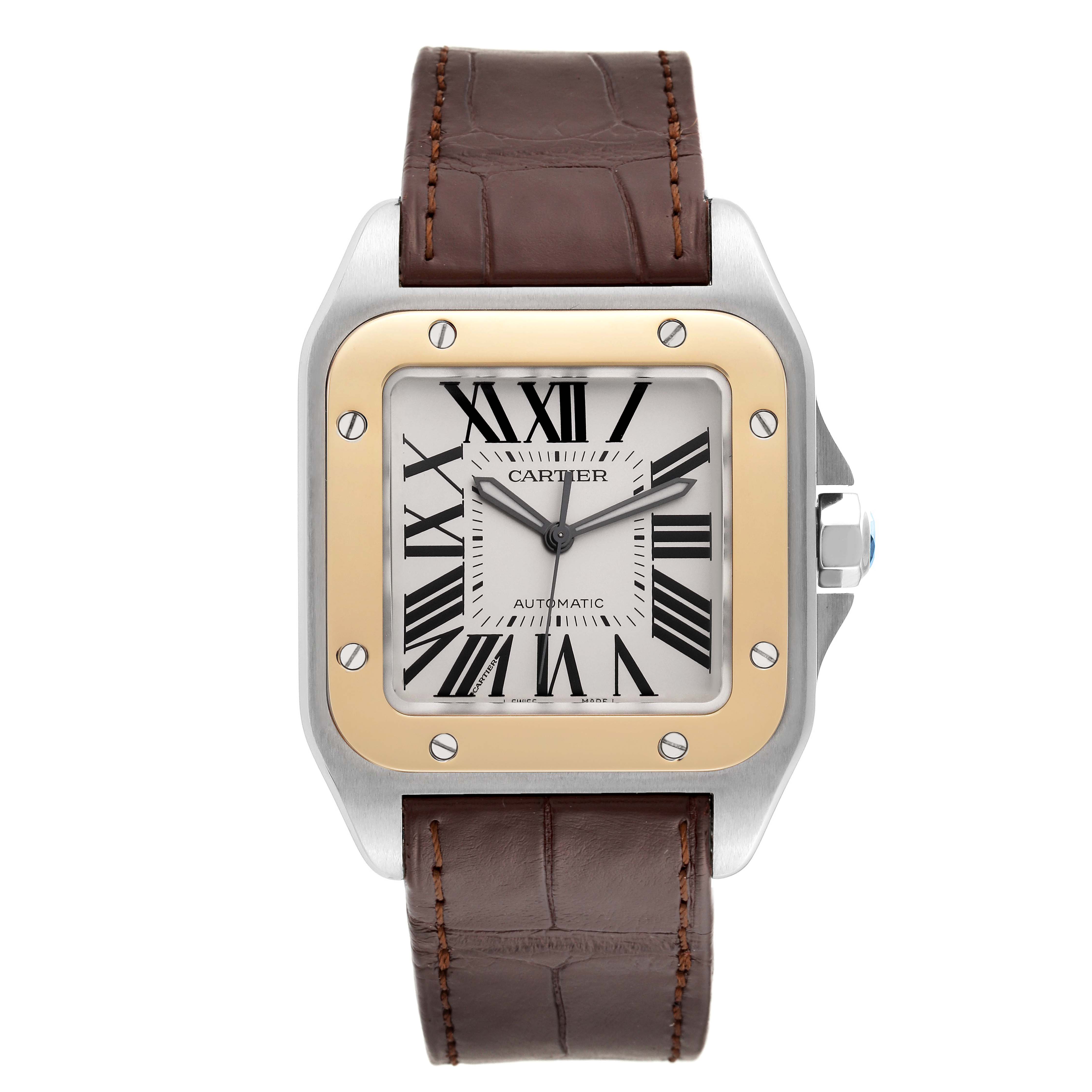 The image shows a front view of a Cartier Santos W20072X7 Men
s Steel and Gold (two tone) Silver Dial W20072X7 Men
s Steel and Gold (two tone) Silver Dial watch, highlighting its square dial and leather strap.
