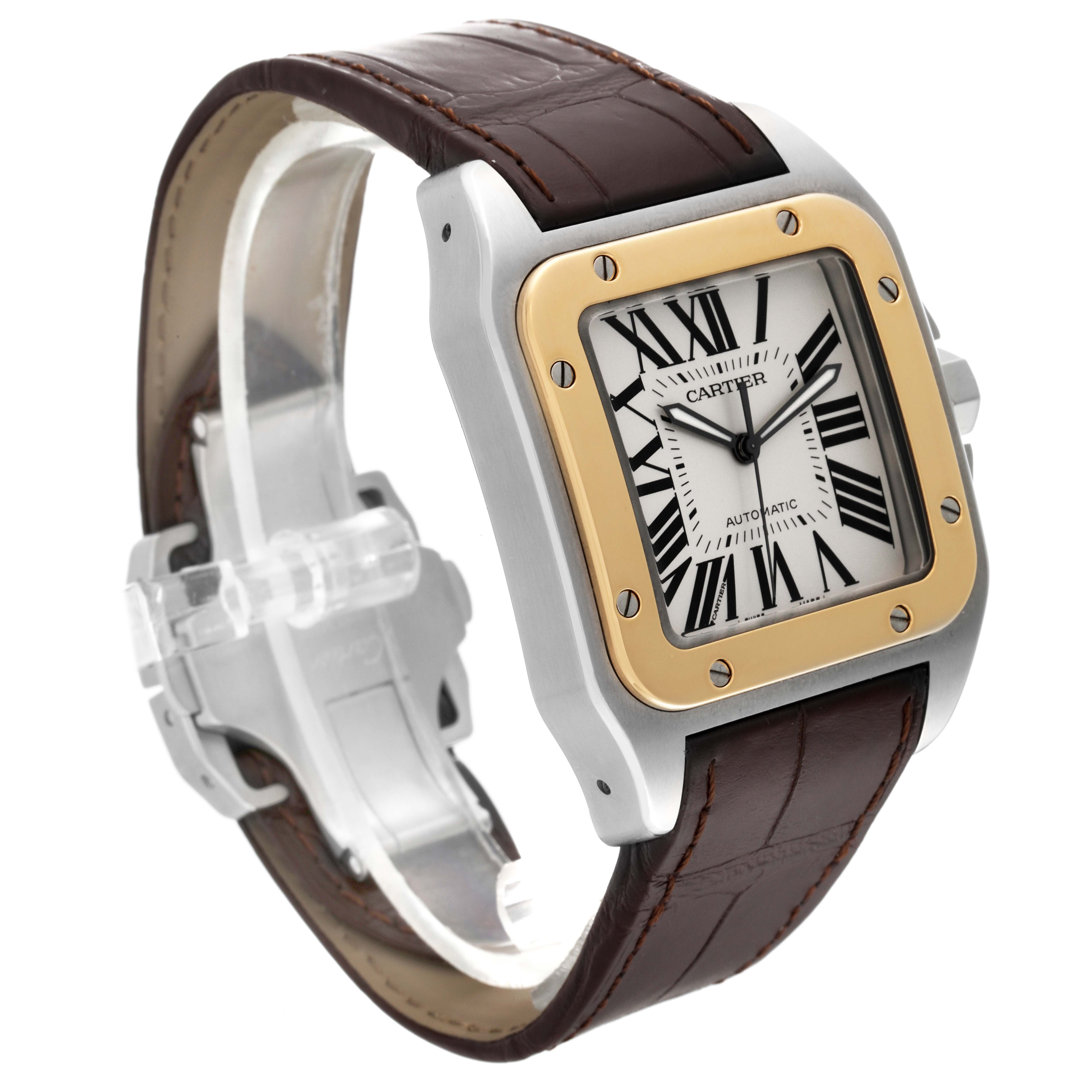 The image shows a Cartier Santos W20072X7 Men
s Steel and Gold (two tone) Silver Dial W20072X7 Men
s Steel and Gold (two tone) Silver Dial watch at a three-quarter angle, displaying its dial, bezel, and leather strap.