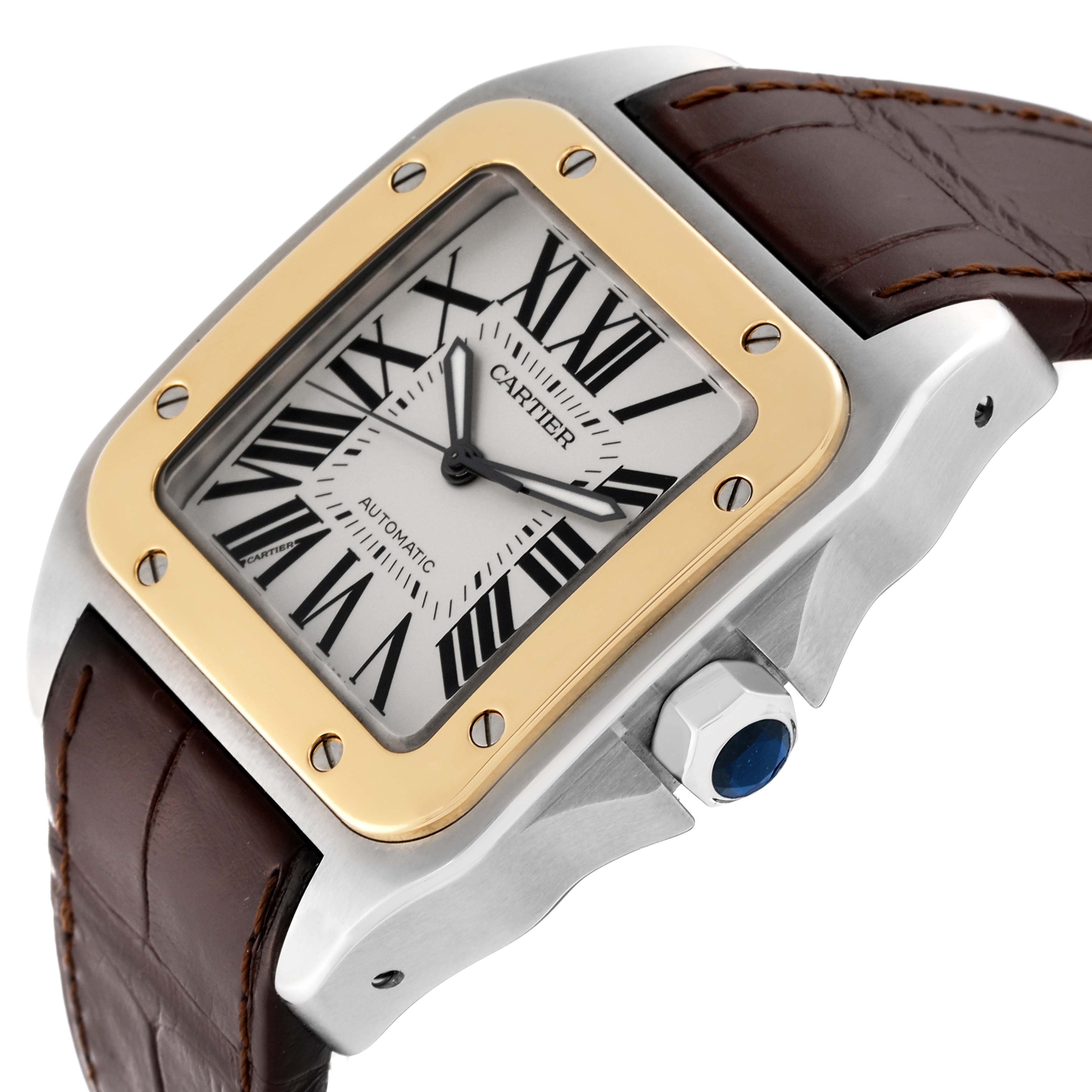This image shows the dial, bezel, crown, and part of the strap of a Cartier Santos W20072X7 Men
s Steel and Gold (two tone) Silver Dial W20072X7 Men
s Steel and Gold (two tone) Silver Dial watch from an angled side view.