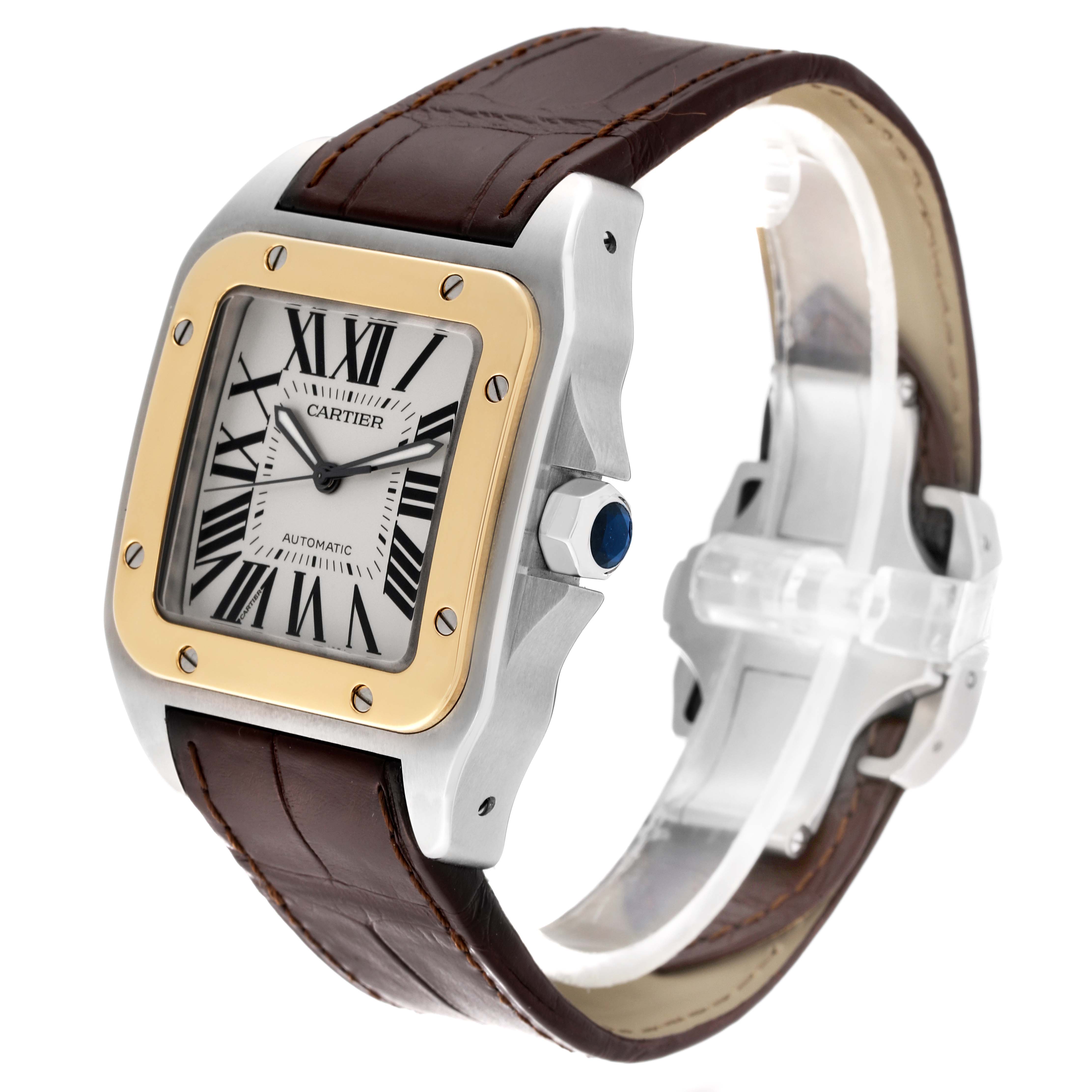 This image shows a side angle of the Cartier Santos W20072X7 Men
s Steel and Gold (two tone) Silver Dial W20072X7 Men
s Steel and Gold (two tone) Silver Dial model watch, highlighting the bezel, dial, crown, and leather strap.