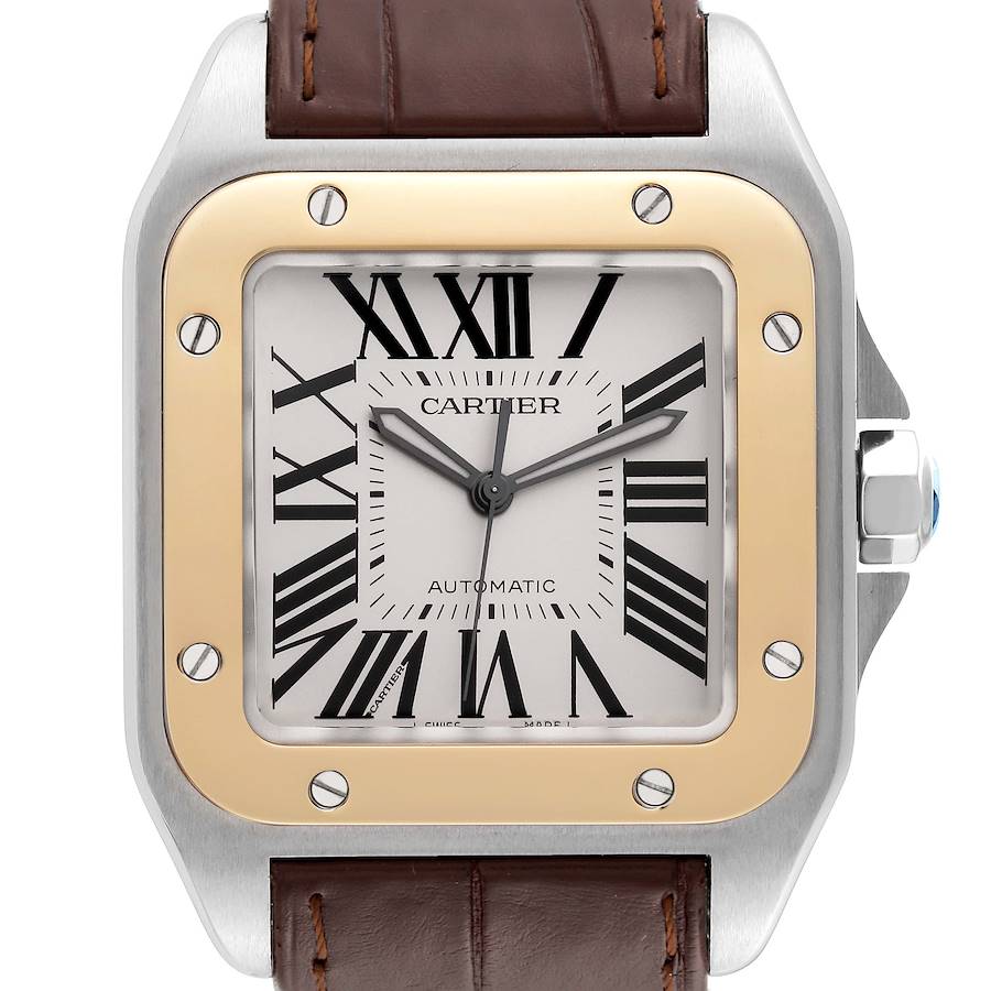 Cartier Santos 100 Steel Yellow Gold 38mm Silver Dial Mens Watch W20072X7 SwissWatchExpo