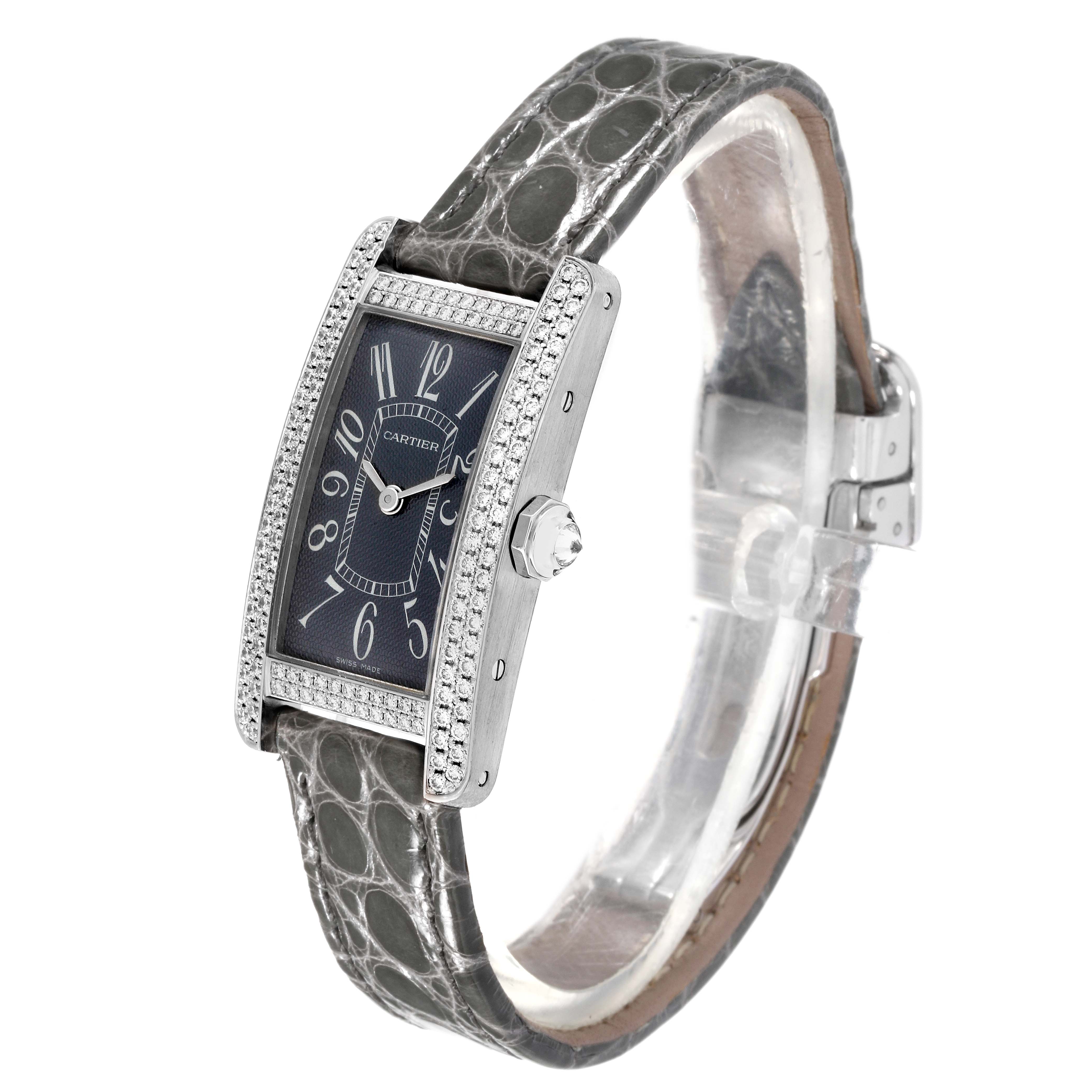The Cartier Tank Americaine WB705131 Women's White Gold Grey Dial WB705131 Women's White Gold Grey Dial model watch is shown at a three-quarter angle, displaying its face, strap, and side profile.