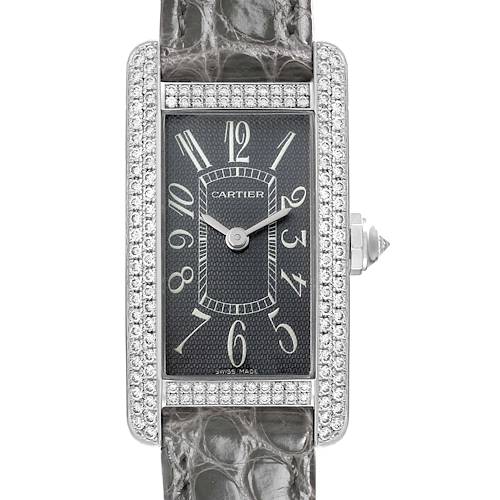 The Tank Americaine model by Cartier is shown from a top-down angle, displaying the rectangular face, diamond bezel, and leather strap.