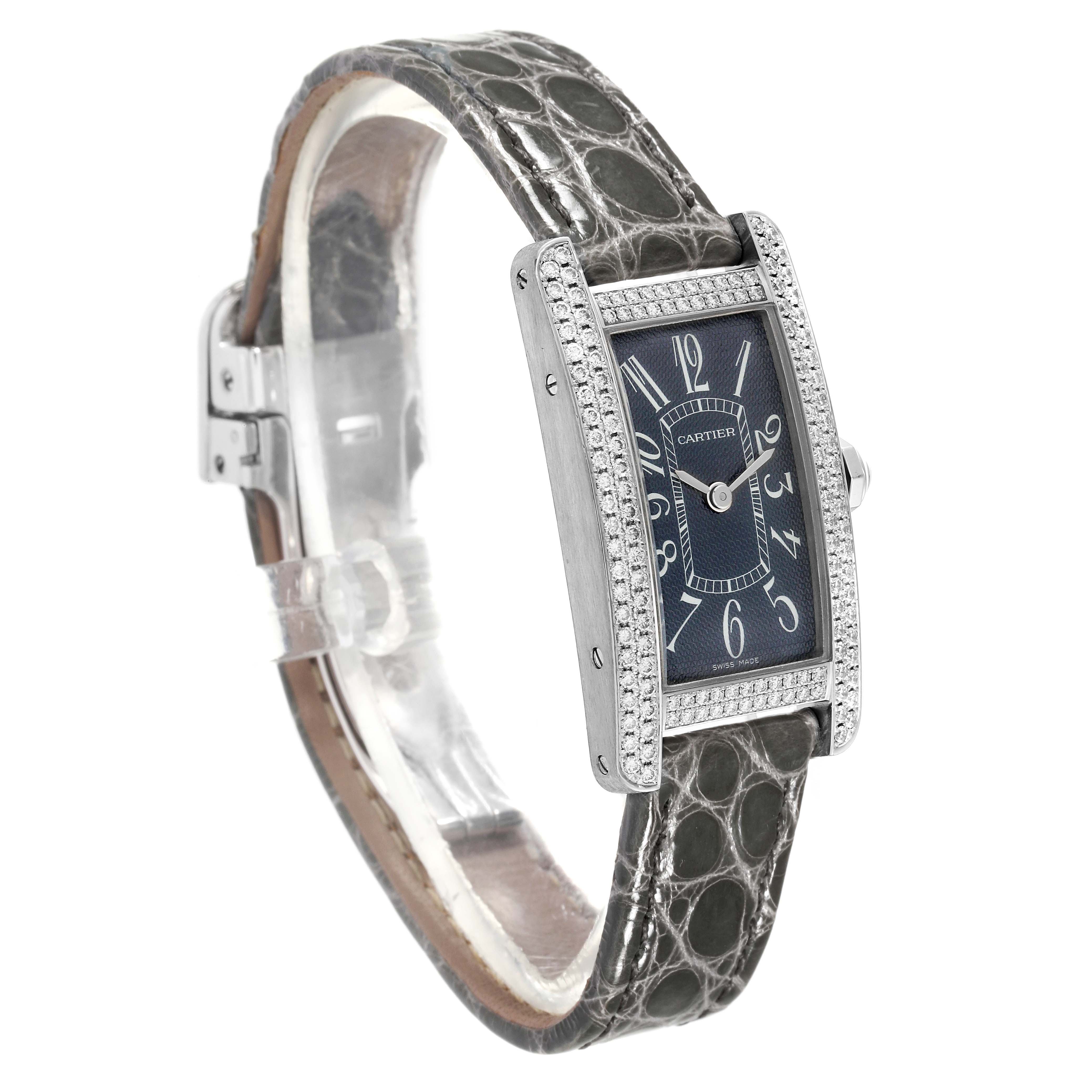 The image shows a side angle of the Cartier Tank Americaine WB705131 Women's White Gold Grey Dial WB705131 Women's White Gold Grey Dial watch, highlighting its face, strap, bezel, and case.
