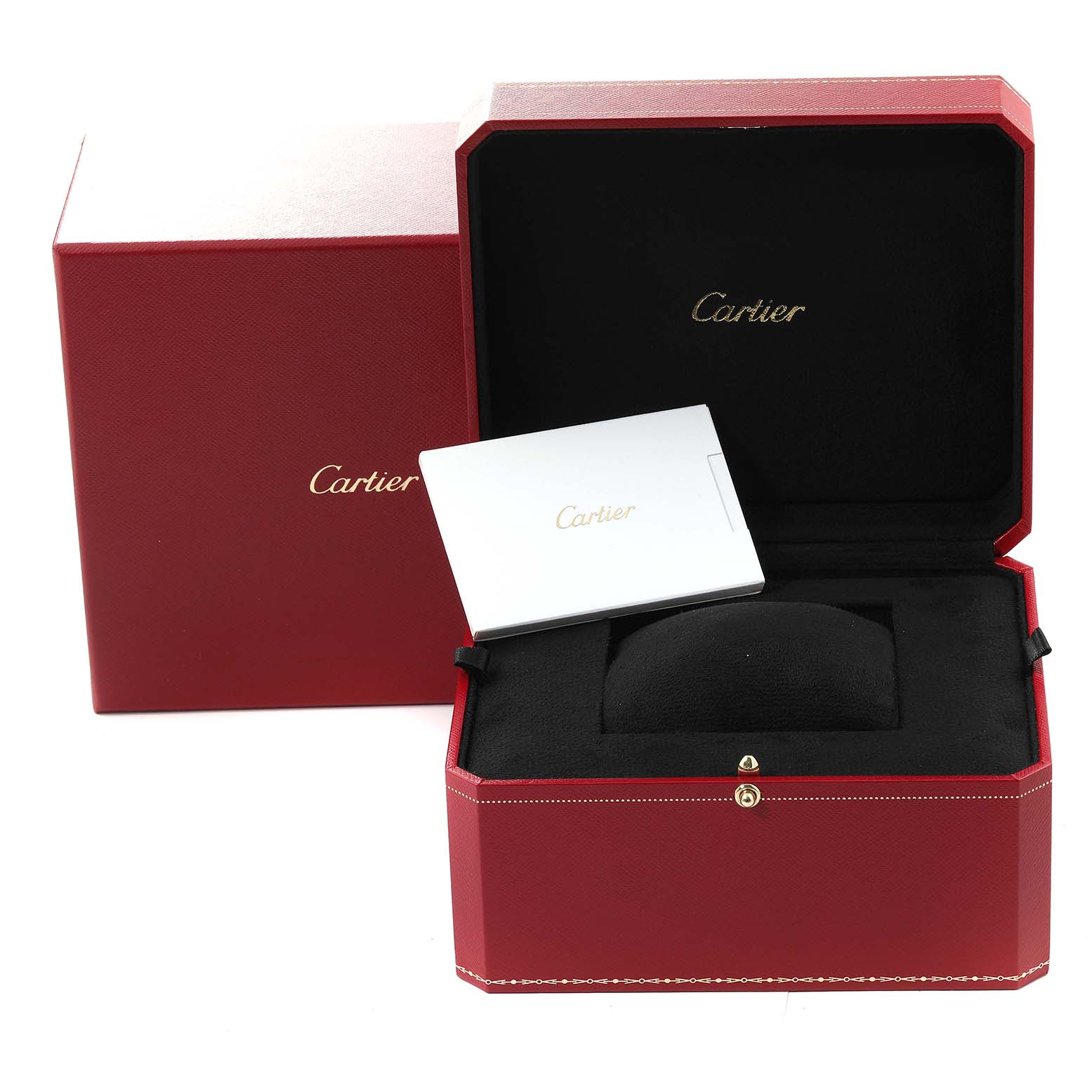 The image shows the Cartier Tank Americaine WB705131 Women's White Gold Grey Dial WB705131 Women's White Gold Grey Dial watch's packaging, including an open red box and a white booklet.