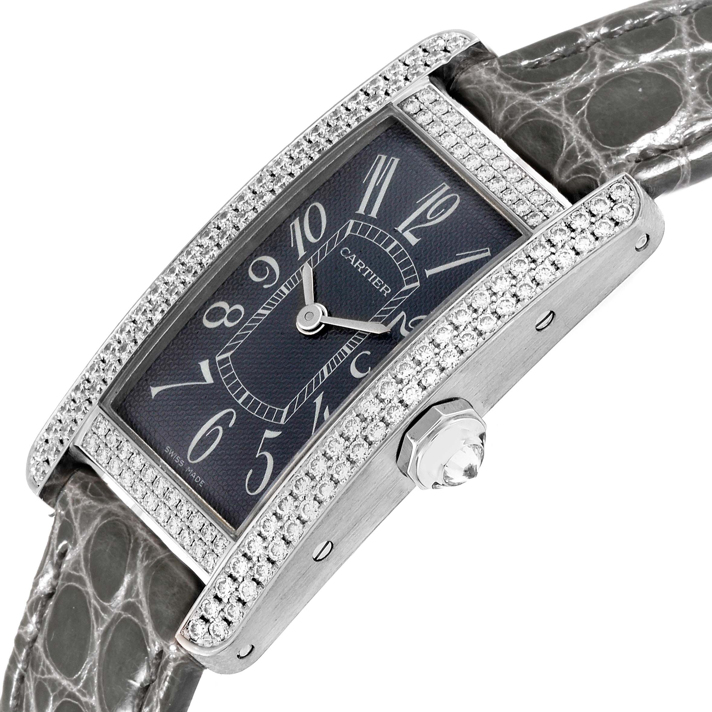 The Cartier Tank Americaine WB705131 Women's White Gold Grey Dial WB705131 Women's White Gold Grey Dial watch is shown at an angled view, highlighting the face, bezel, case, and part of the strap.