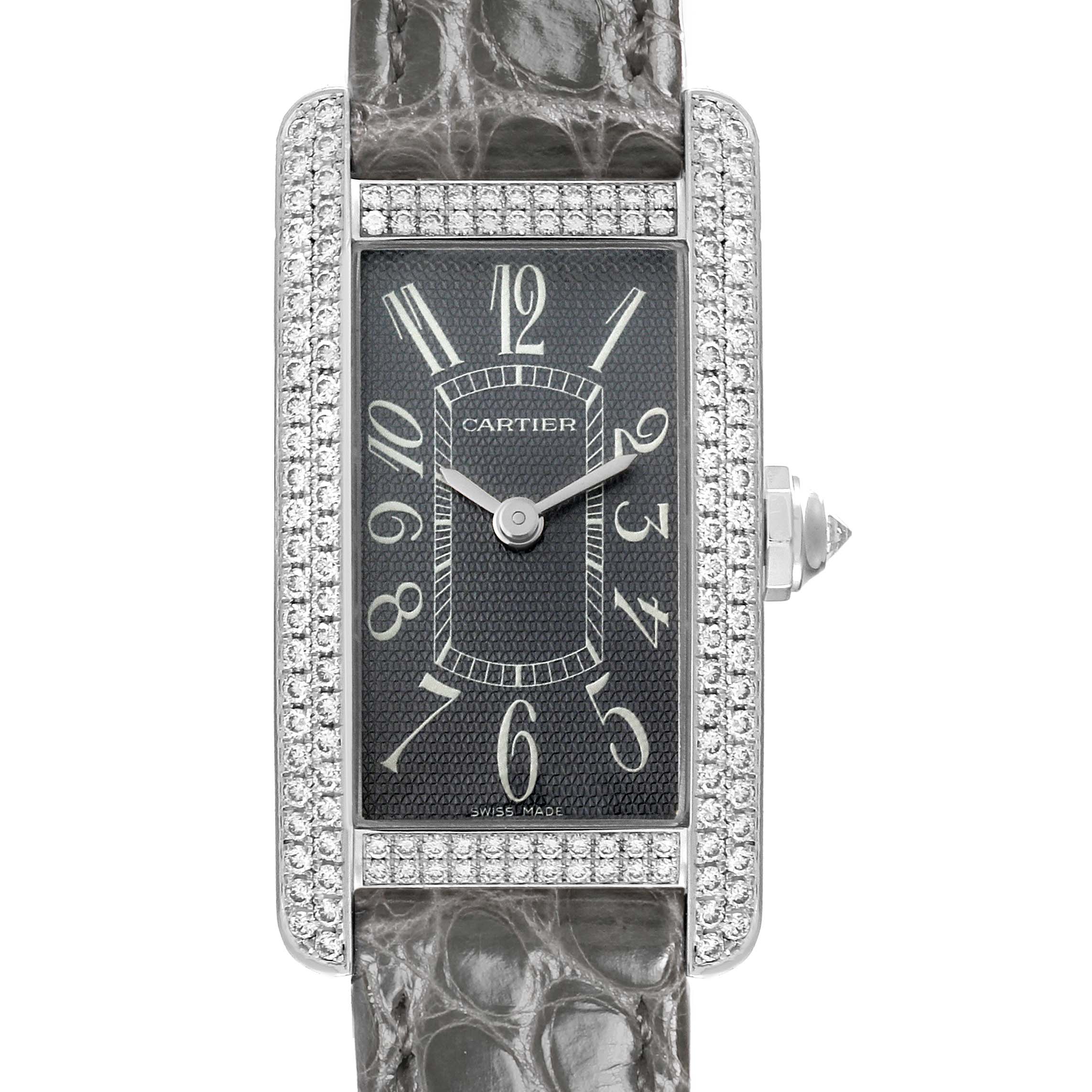 The image shows a front view of the Cartier Tank Americaine WB705131 Women's White Gold Grey Dial WB705131 Women's White Gold Grey Dial watch, highlighting its rectangular dial, diamond bezel, and leather strap.