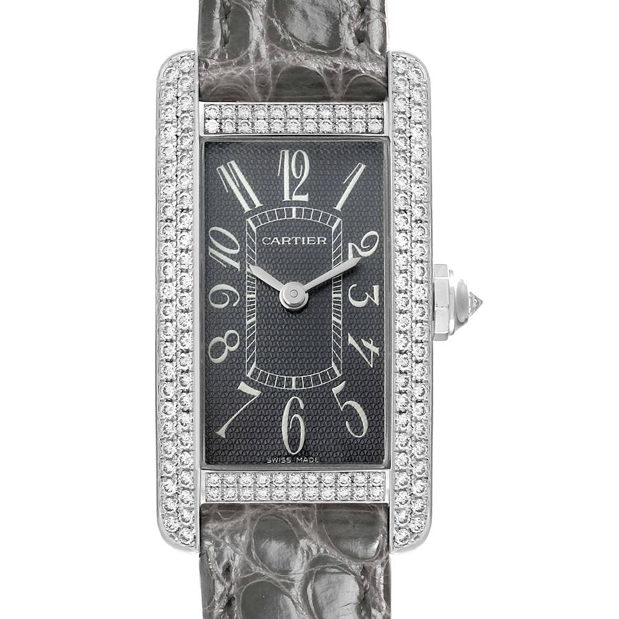 The image shows a front view of the Cartier Tank Americaine watch, highlighting its rectangular dial, diamond bezel, and leather strap.