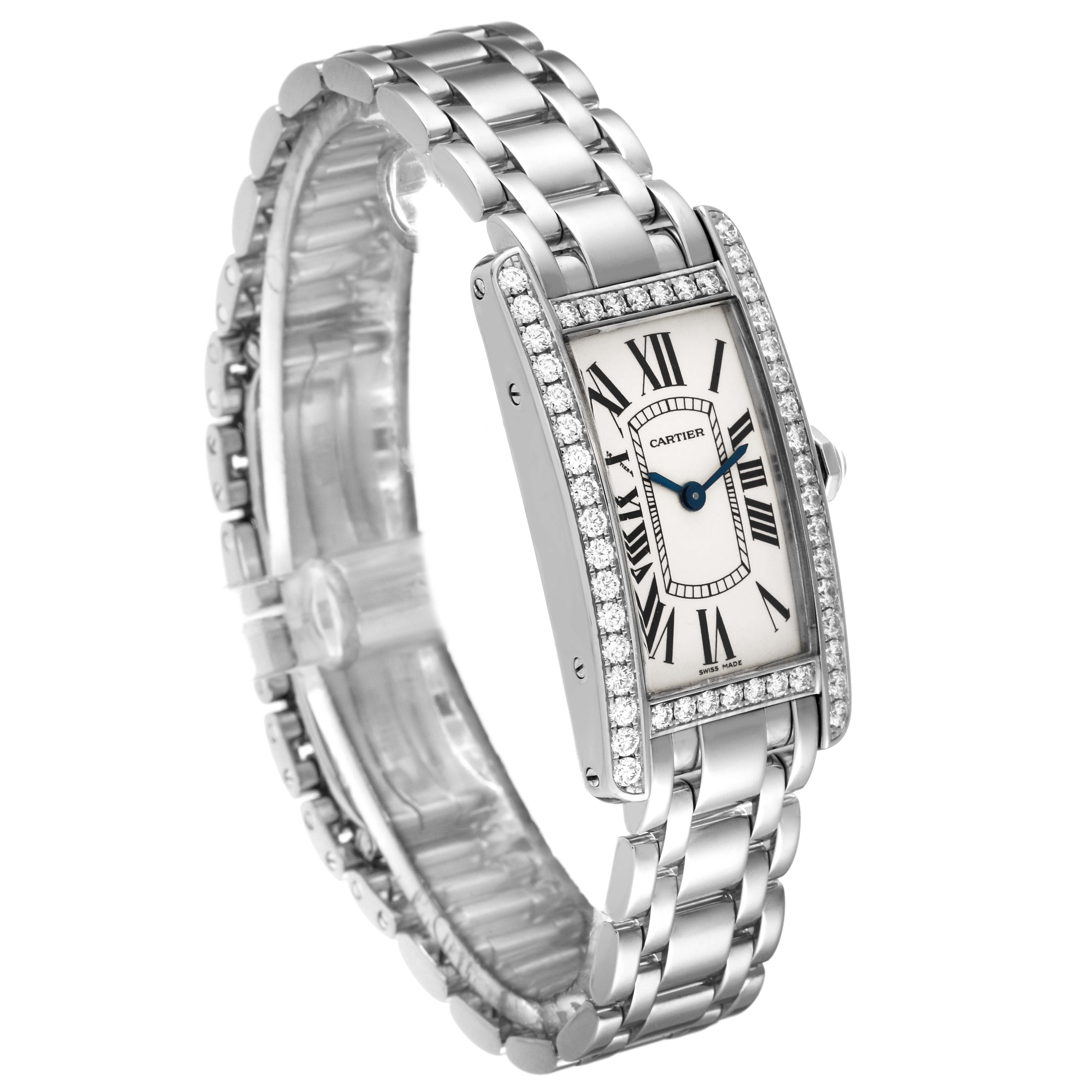 The image shows a Cartier Tank Americaine WB7018L1 Women's White Gold Silver Dial WB7018L1 Women's White Gold Silver Dial watch from a three-quarter angle, featuring its rectangular face, diamond bezel, and bracelet.