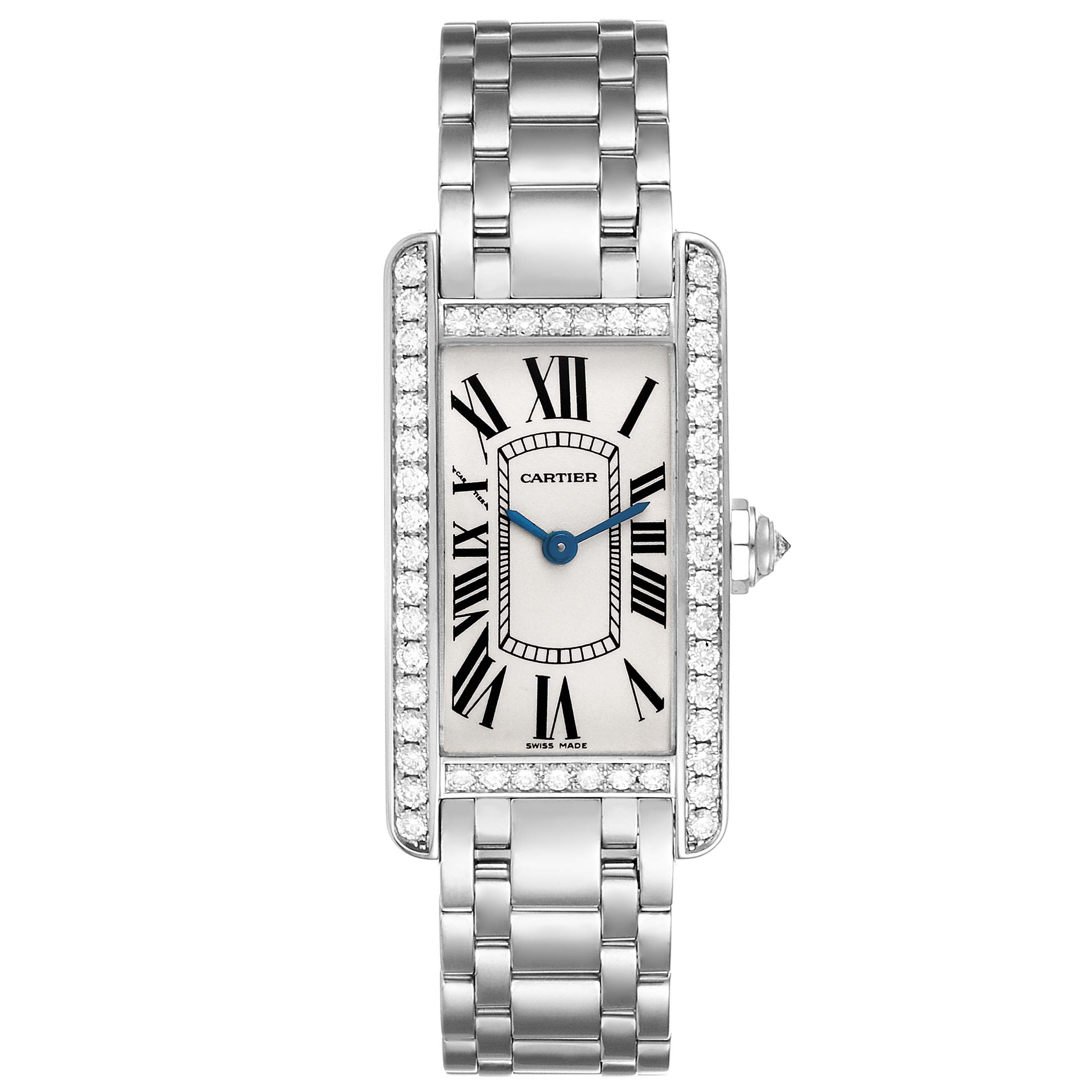 The image shows a frontal view of a Cartier Tank Américaine watch with a rectangular dial and a stainless steel bracelet.