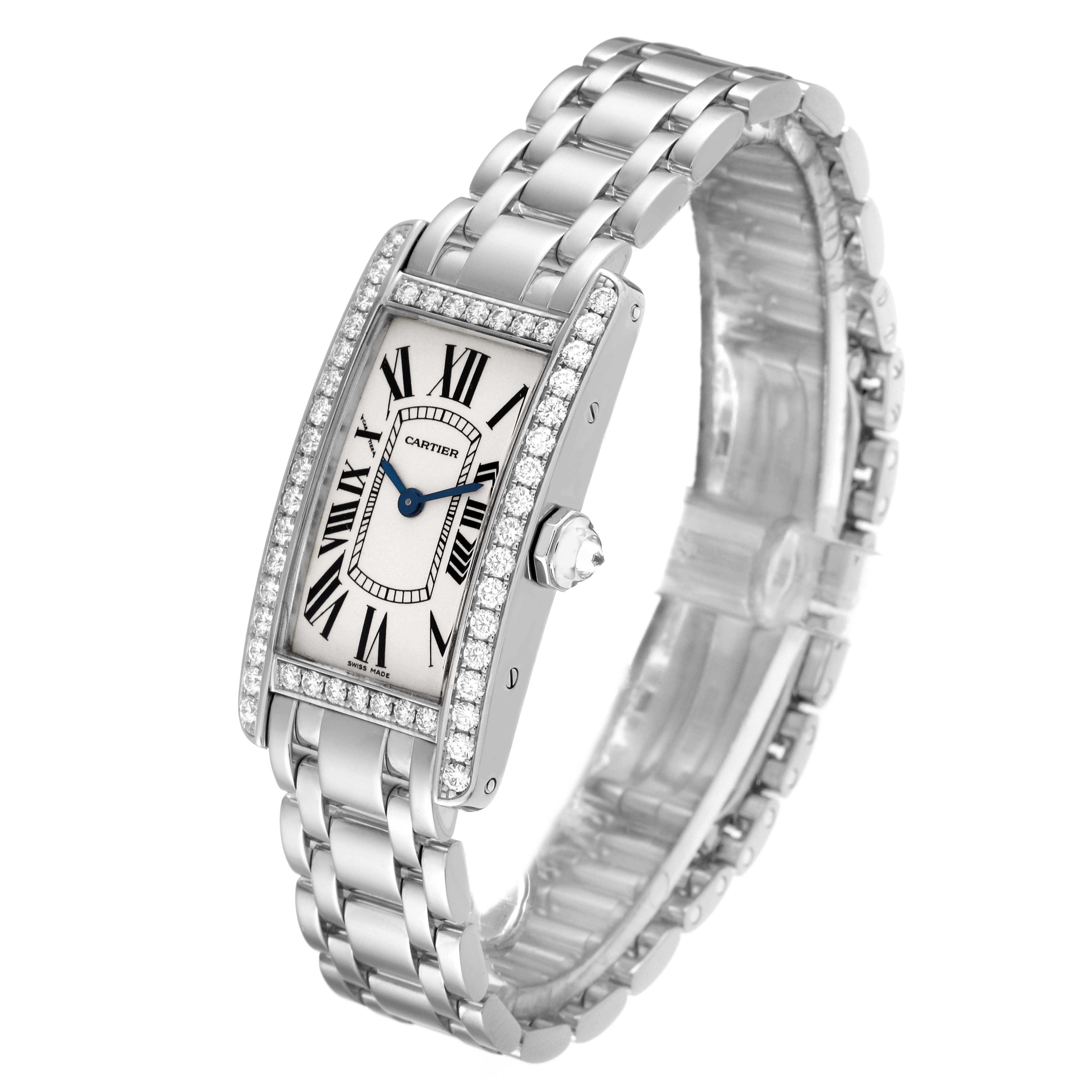 This image shows a Cartier Tank Americaine WB7018L1 Women's White Gold Silver Dial WB7018L1 Women's White Gold Silver Dial watch from a three-quarter angle, highlighting the face, bezel, and metal bracelet.