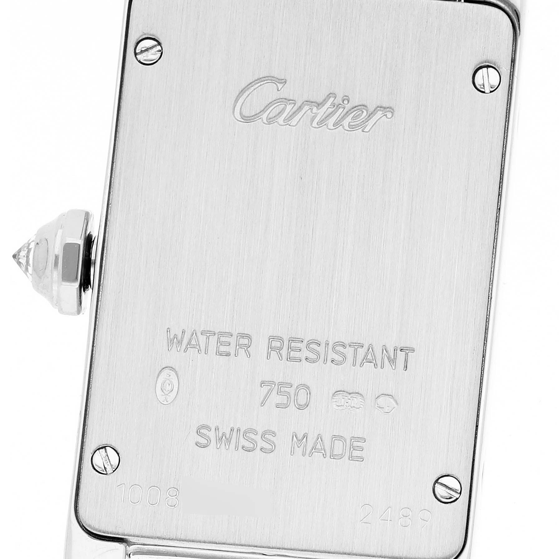 This image shows the back view of a Cartier Tank Americaine WB7018L1 Women's White Gold Silver Dial WB7018L1 Women's White Gold Silver Dial watch, highlighting its water resistance information and serial numbers.