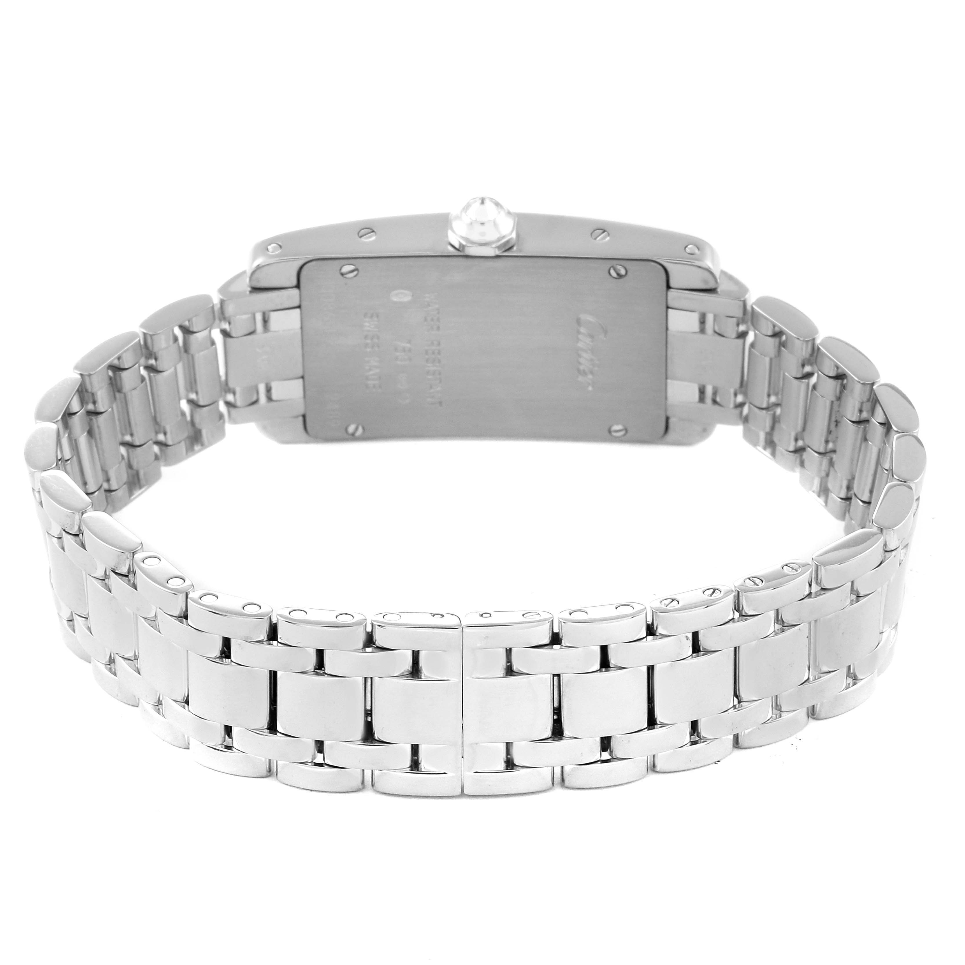 This image shows the back view of the Cartier Tank Americaine WB7018L1 Women's White Gold Silver Dial WB7018L1 Women's White Gold Silver Dial watch, highlighting its caseback and metal bracelet.