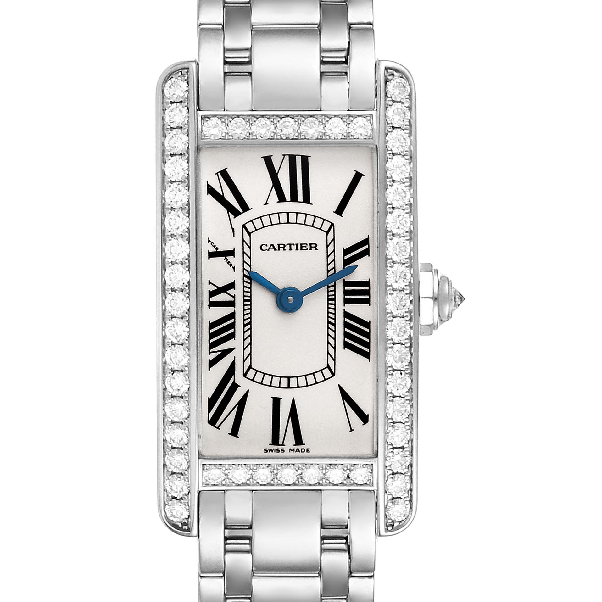 The image shows a frontal view of the Cartier Tank Americaine WB7018L1 Women's White Gold Silver Dial WB7018L1 Women's White Gold Silver Dial watch, highlighting its rectangular face, Roman numerals, and diamond-set bezel.