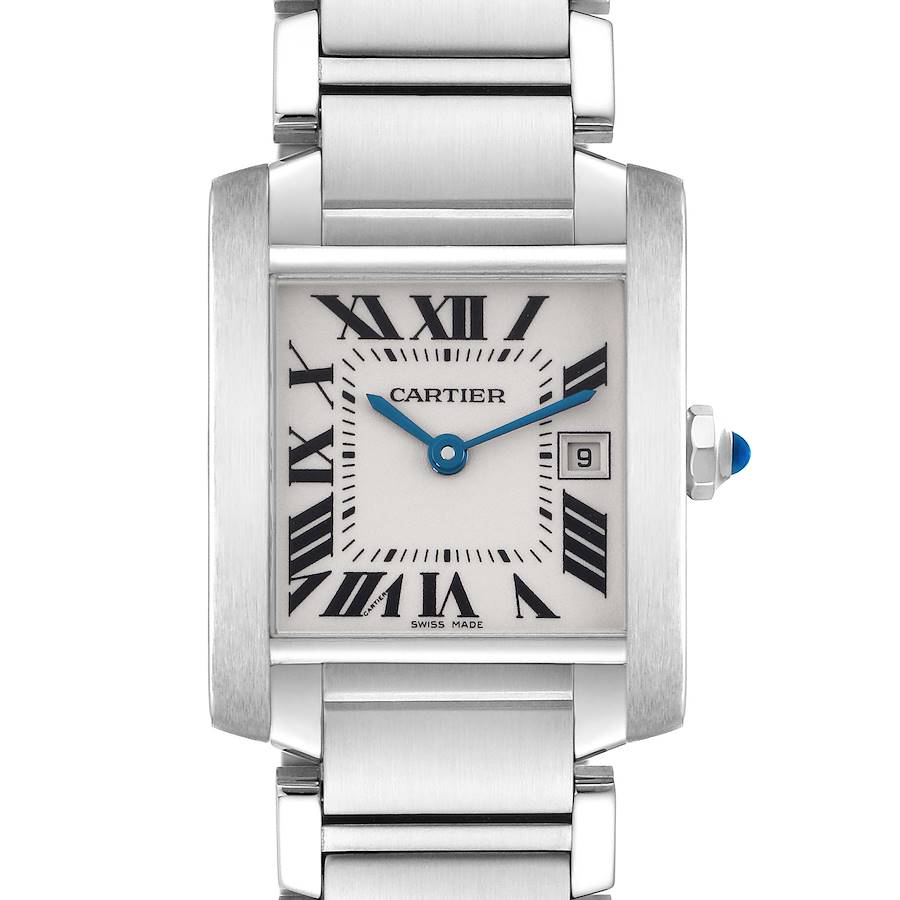 The Cartier Tank Francaise model W51011Q3 is shown from the front, highlighting the watch face, Roman numerals, date window, and bracelet.