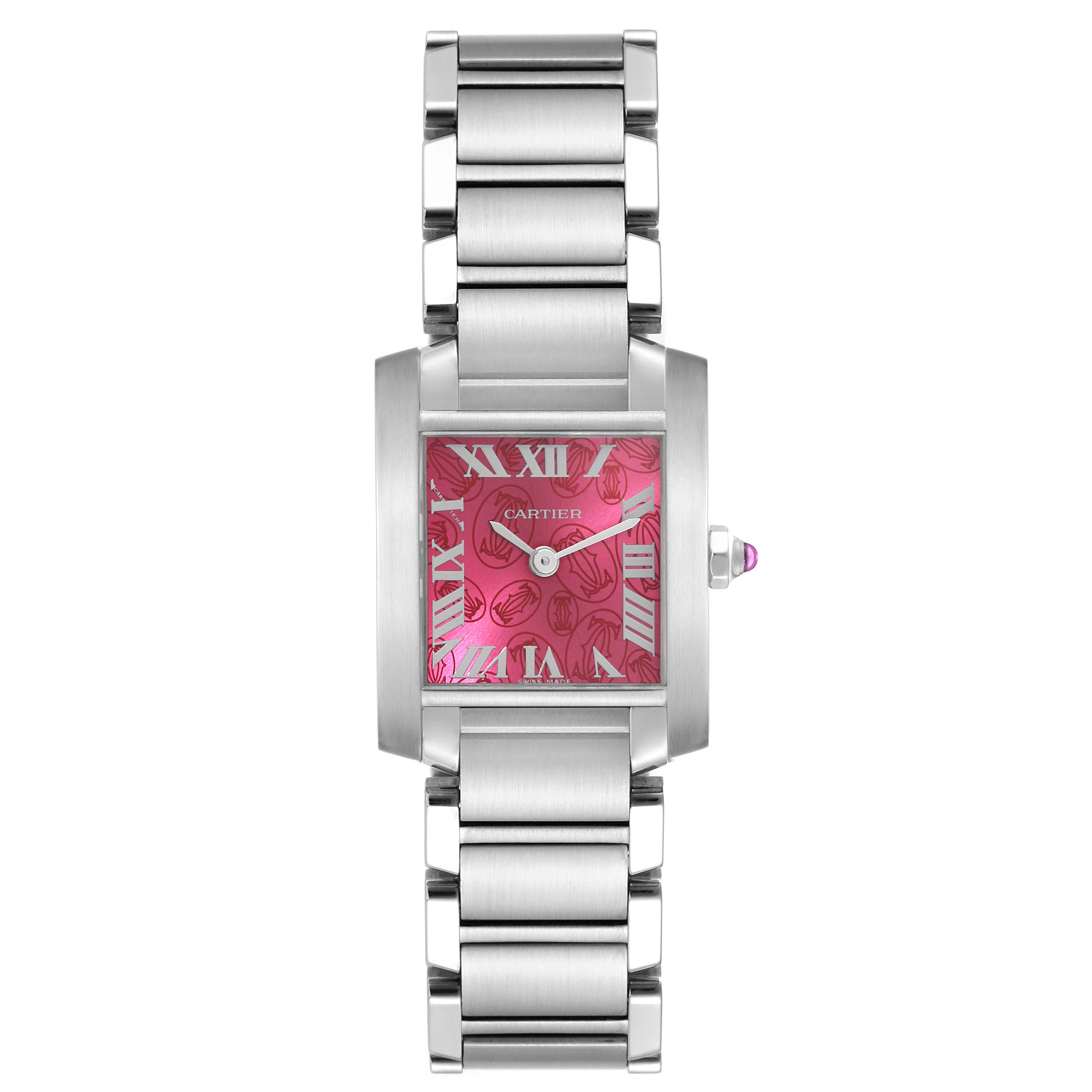 The image shows a frontal view of the Cartier Tank Française watch, highlighting the face, Roman numeral indices, and metal bracelet.