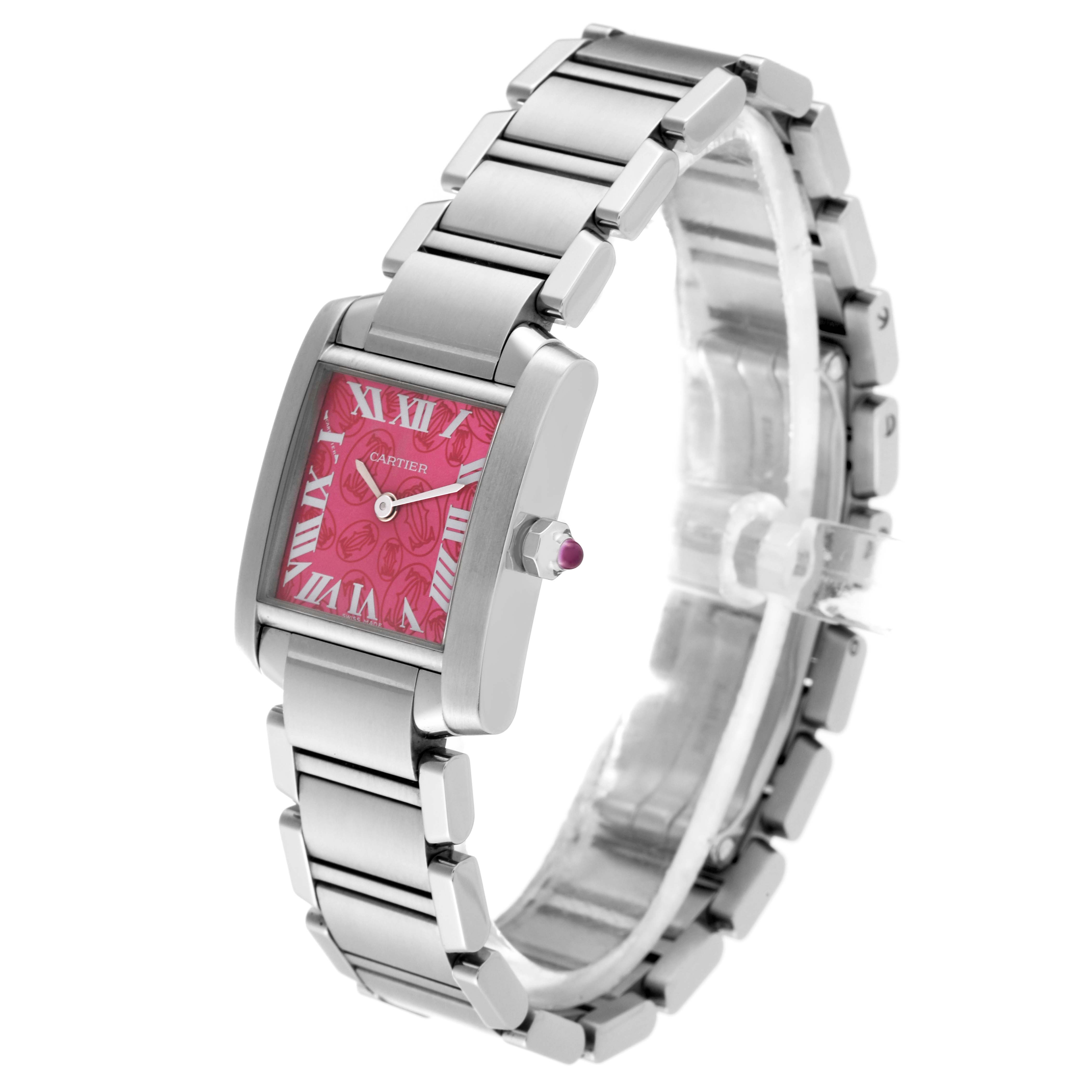 The Cartier Tank Francaise W51030Q3 Women's Stainless Steel Pink Dial W51030Q3 Women's Stainless Steel Pink Dial watch is shown from a three-quarter angle, featuring the bracelet, case, and pink dial.
