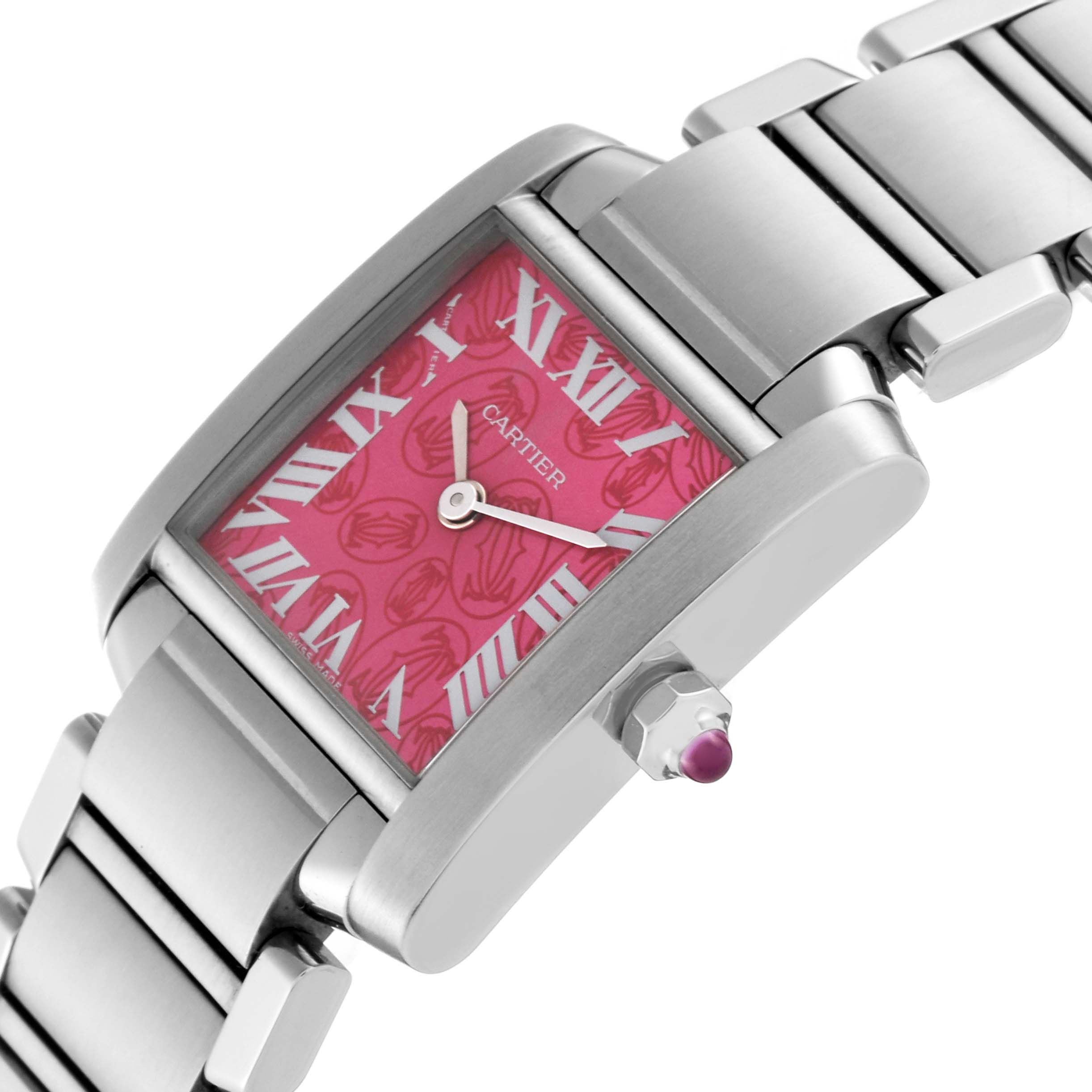 This Cartier Tank Francaise W51030Q3 Women's Stainless Steel Pink Dial W51030Q3 Women's Stainless Steel Pink Dial watch is shown from a side angle displaying the face, Roman numerals, and part of the metal bracelet.