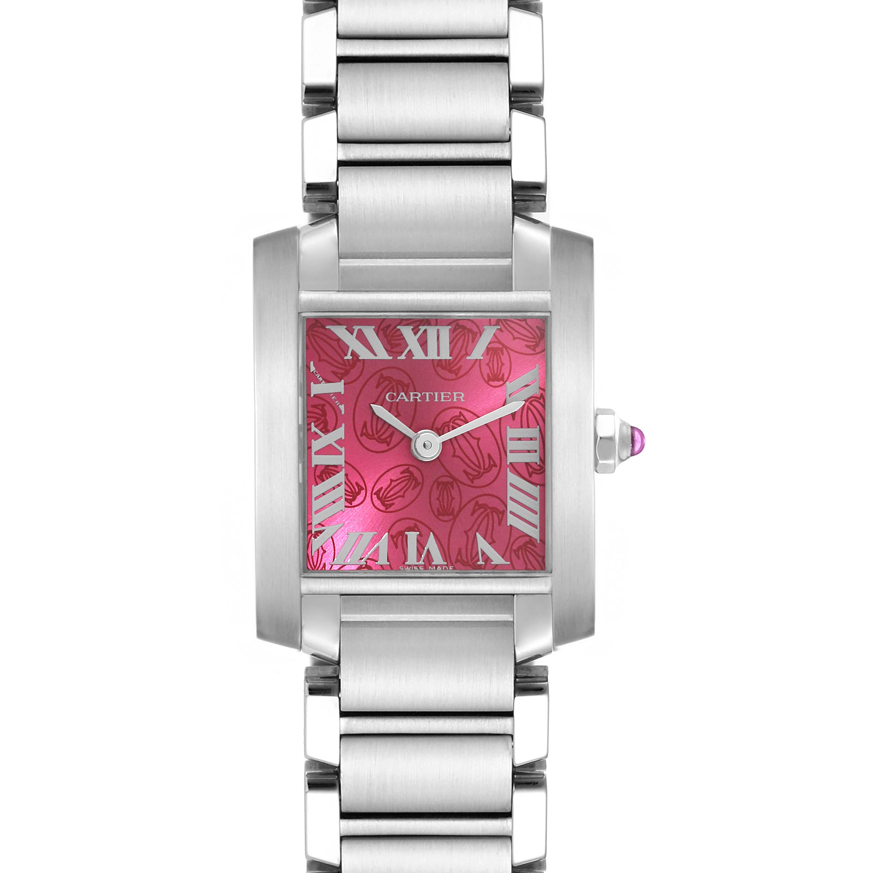 The Tank Française by Cartier is shown from a front angle, showcasing its pink dial, Roman numerals, hands, and metal bracelet.