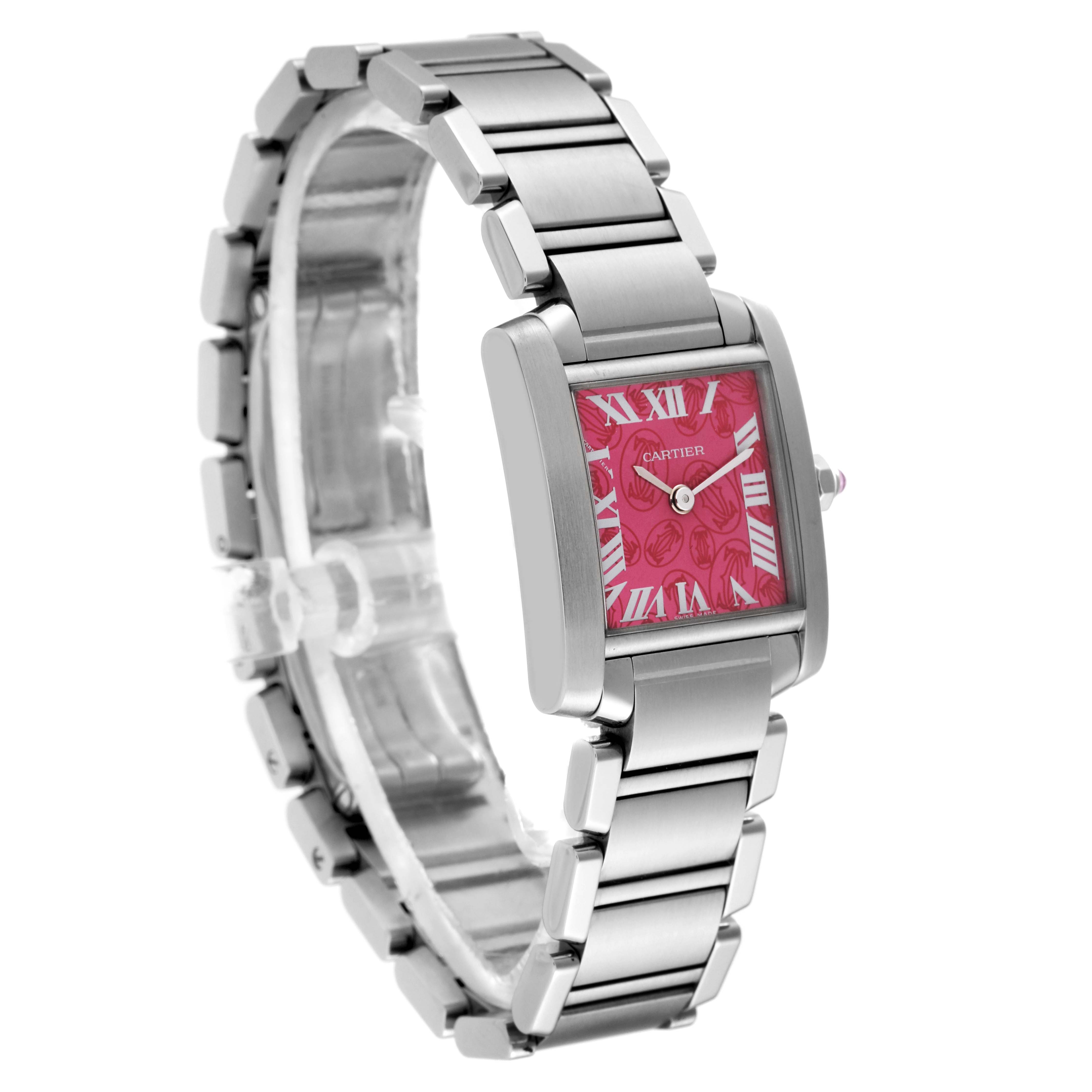 The image shows a Cartier Tank Francaise W51030Q3 Women's Stainless Steel Pink Dial W51030Q3 Women's Stainless Steel Pink Dial watch from an angled perspective, displaying its rectangular case, pink dial, and metal bracelet.