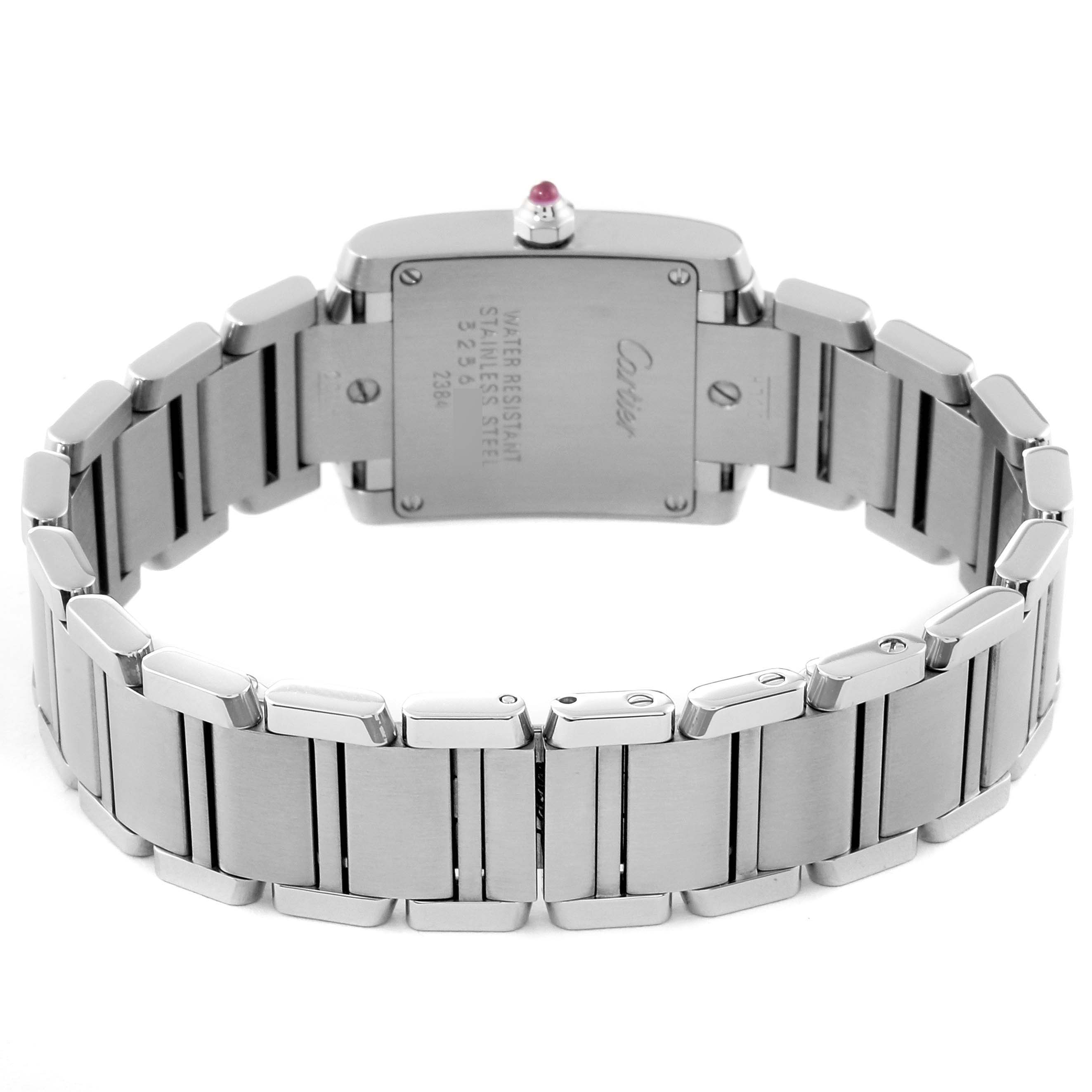 This image shows the back view of the Tank Française model watch by Cartier, displaying the stainless steel bracelet and case back.