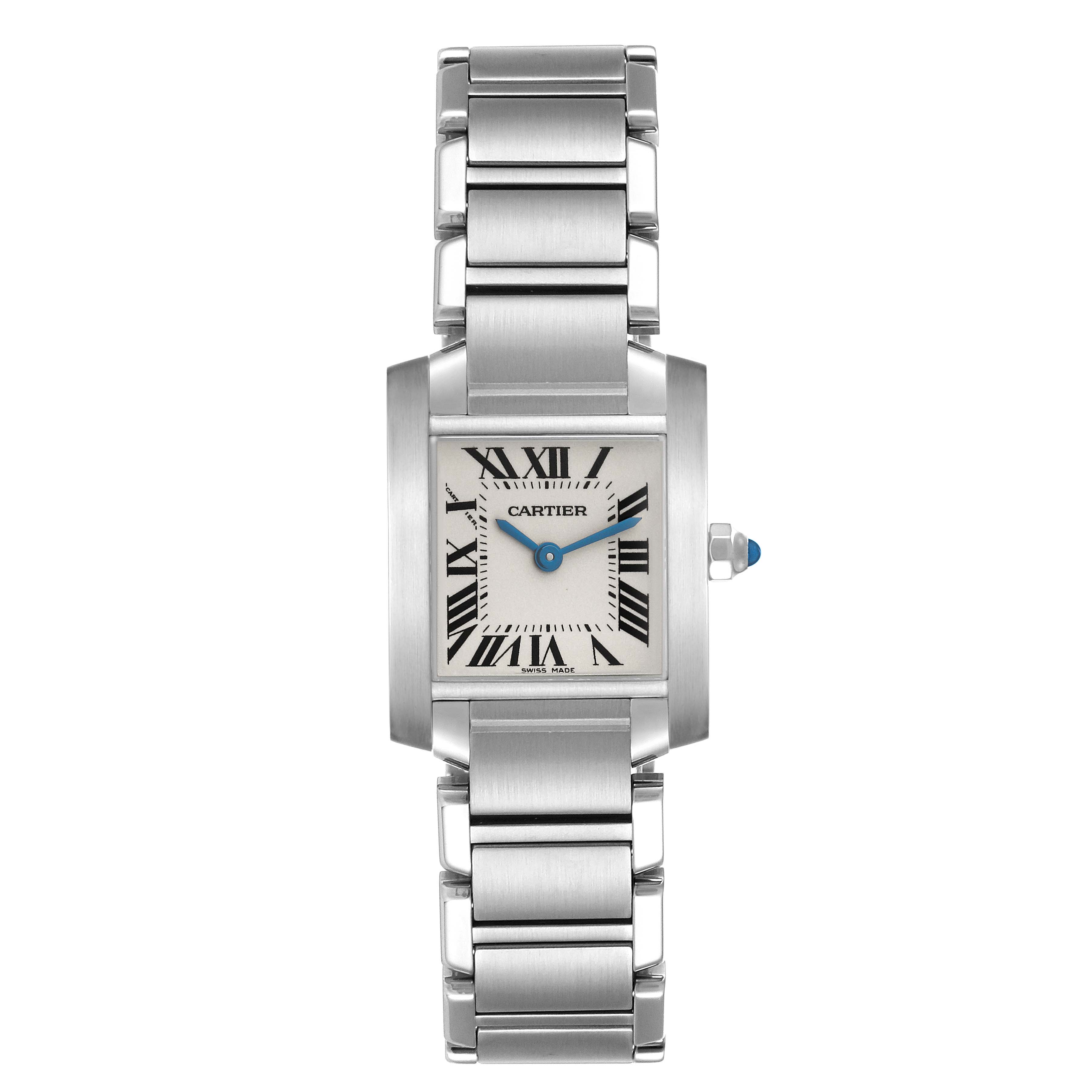 The Cartier Tank Francaise W51008Q3 Women's Stainless Steel Silver Dial W51008Q3 Women's Stainless Steel Silver Dial watch is shown from the front, displaying its face, bezel, and bracelet.