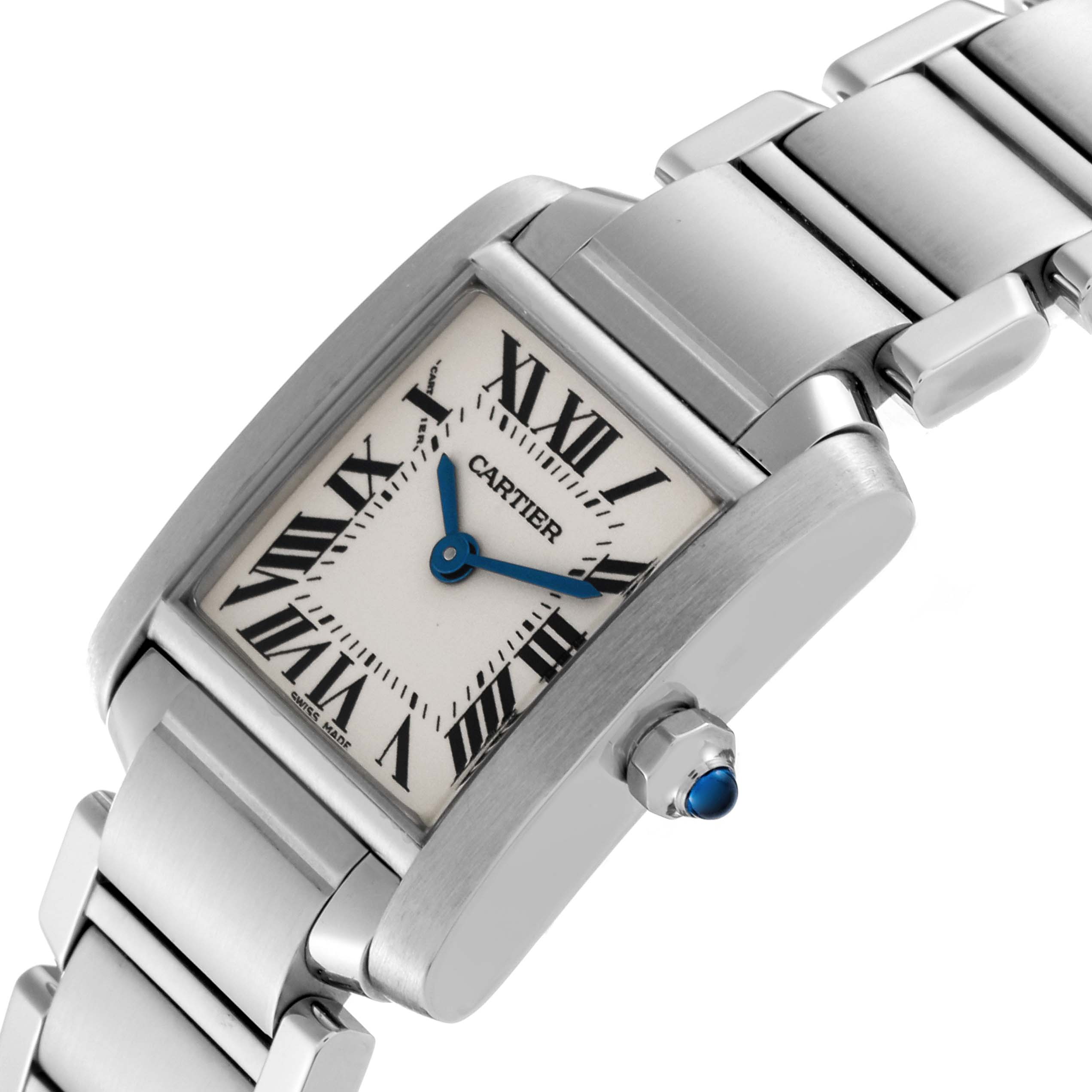 The image shows a close-up angle of the Cartier Tank Française watch, focusing on the face, crown, and part of the bracelet.