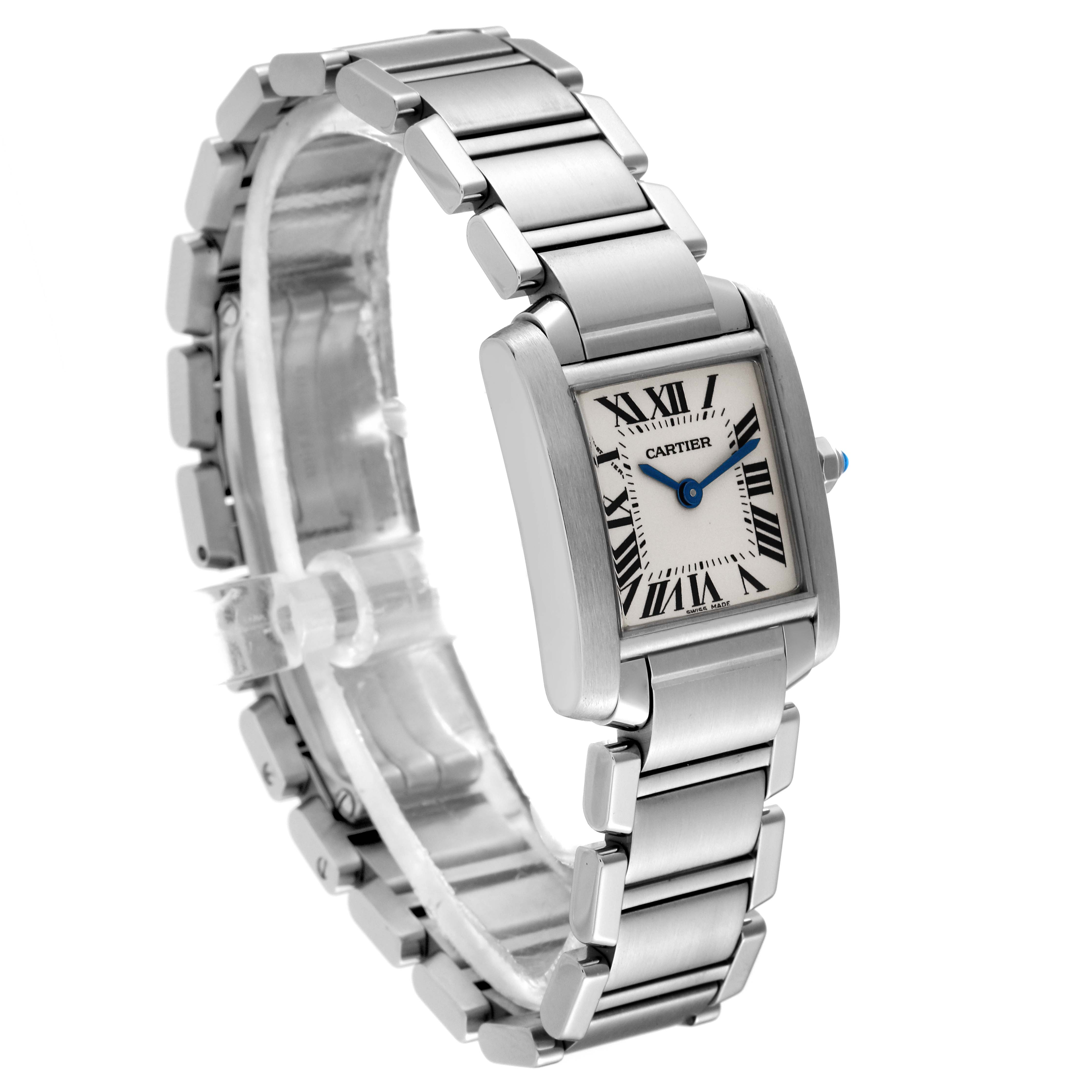 The image shows a Cartier Tank Française watch at a three-quarter angle, highlighting the case, bracelet, and dial.