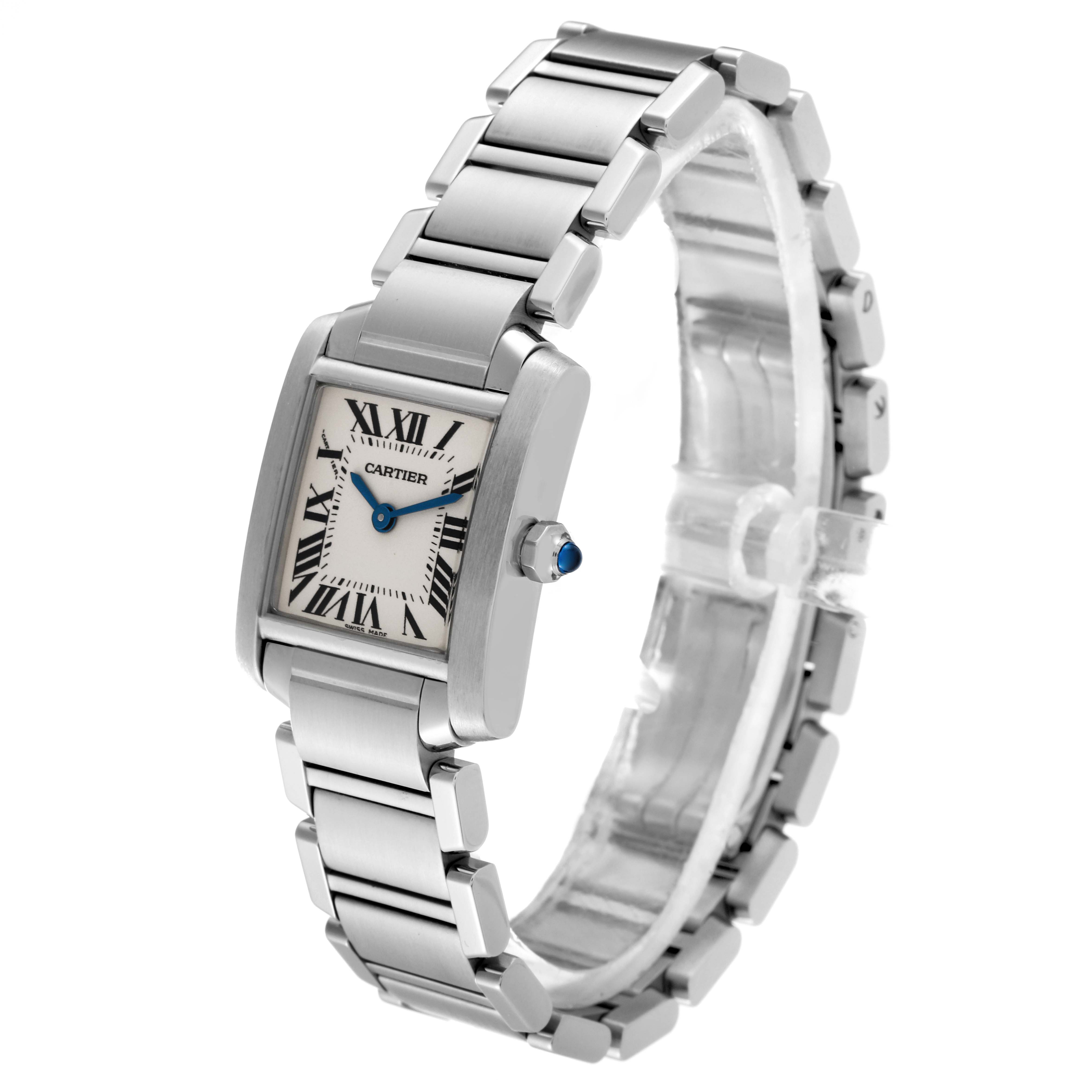 This image shows a Cartier Tank Francaise W51008Q3 Women's Stainless Steel Silver Dial W51008Q3 Women's Stainless Steel Silver Dial watch shot at a slight angle, highlighting its square face and metallic bracelet.