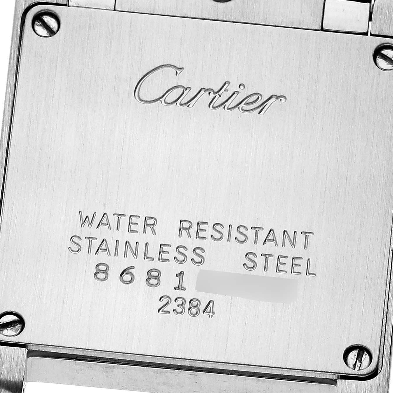 The image shows the back case of a Cartier Tank Francaise W51008Q3 Women's Stainless Steel Silver Dial W51008Q3 Women's Stainless Steel Silver Dial watch, emphasizing its branding and water resistance details.