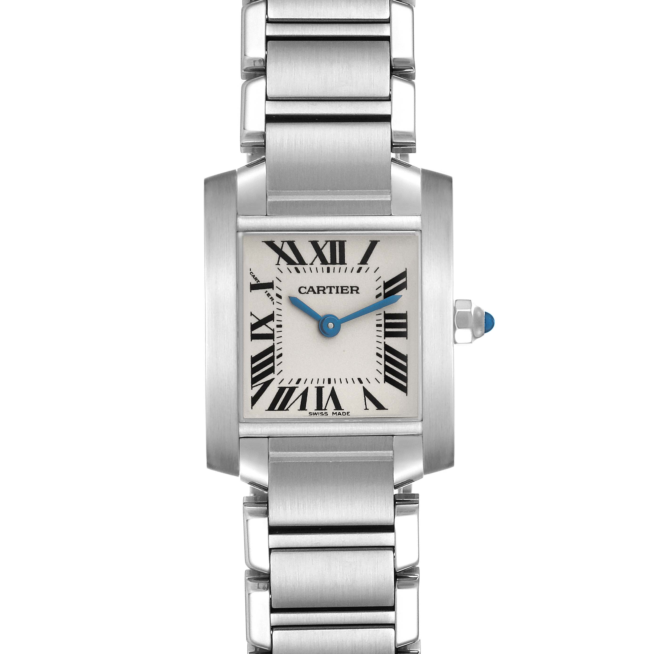 The image shows a front view of the Cartier Tank Francaise W51008Q3 Women's Stainless Steel Silver Dial W51008Q3 Women's Stainless Steel Silver Dial watch, highlighting its rectangular face and metal bracelet.
