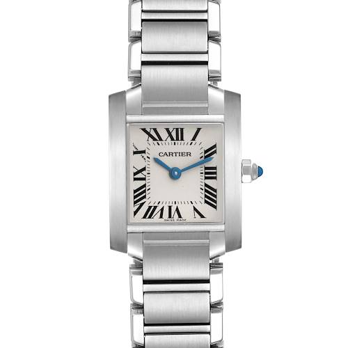 The image shows a front view of the Cartier Tank Française watch, highlighting its dial, bracelet, and crown.