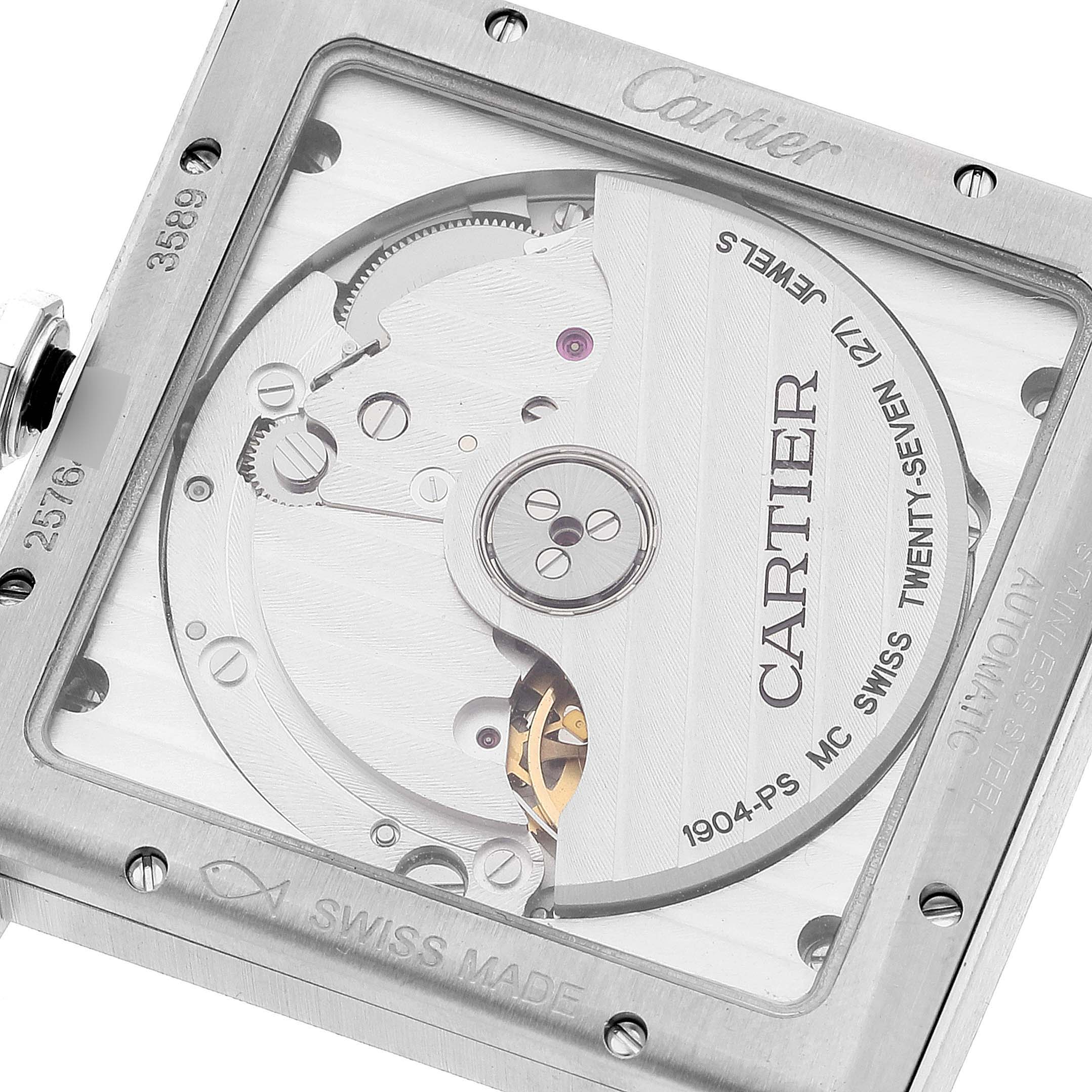 This image shows the back view of the Cartier Tank MC WSTA0010 Men's Stainless Steel Blue Dial WSTA0010 Men's Stainless Steel Blue Dial watch, revealing its movement mechanism.