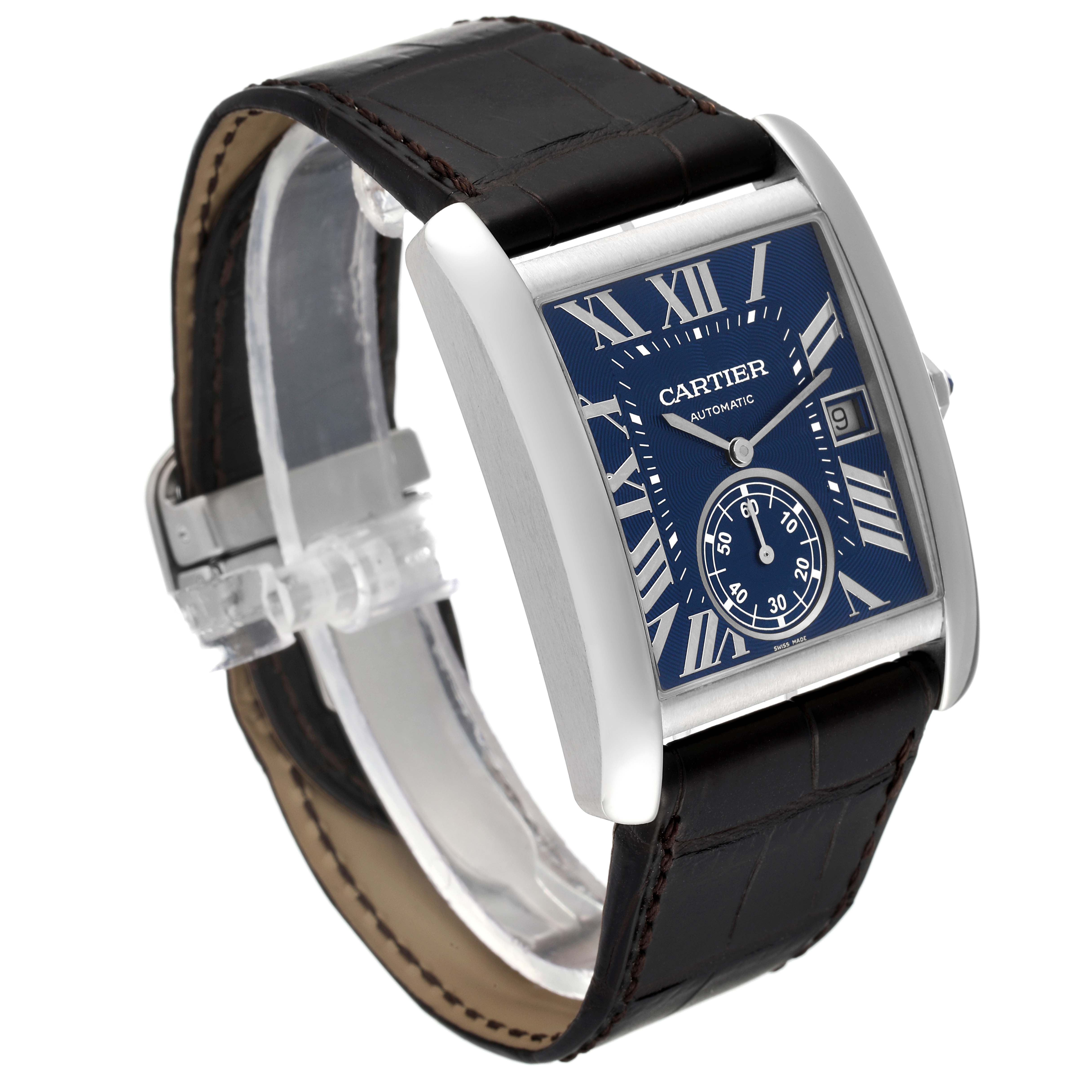 This image shows the Cartier Tank MC WSTA0010 Men's Stainless Steel Blue Dial WSTA0010 Men's Stainless Steel Blue Dial watch at a three-quarter front angle, revealing the face, case, and leather strap.
