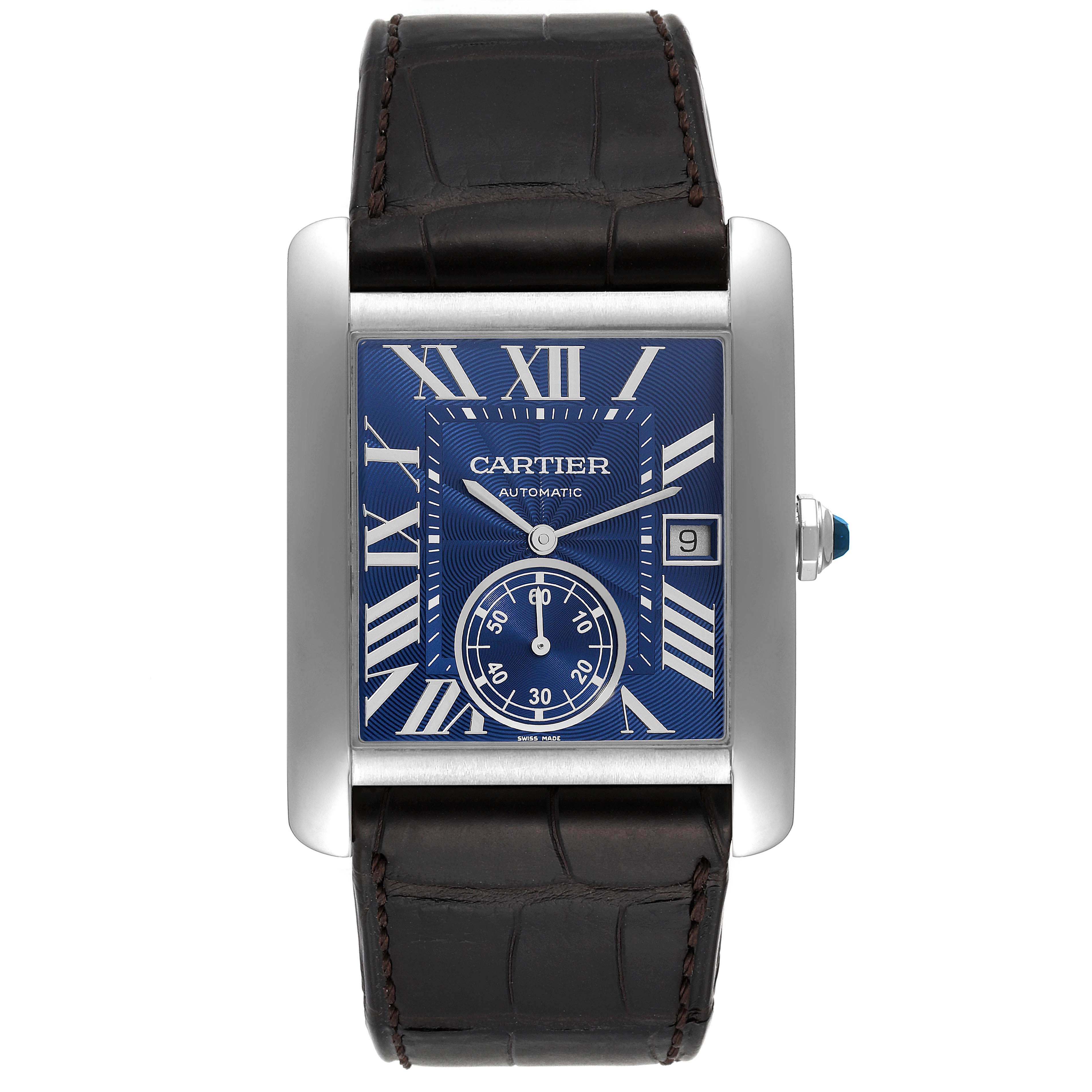 The Cartier Tank MC WSTA0010 Men's Stainless Steel Blue Dial WSTA0010 Men's Stainless Steel Blue Dial watch is shown from the front, highlighting its blue dial, Roman numerals, and black leather strap.