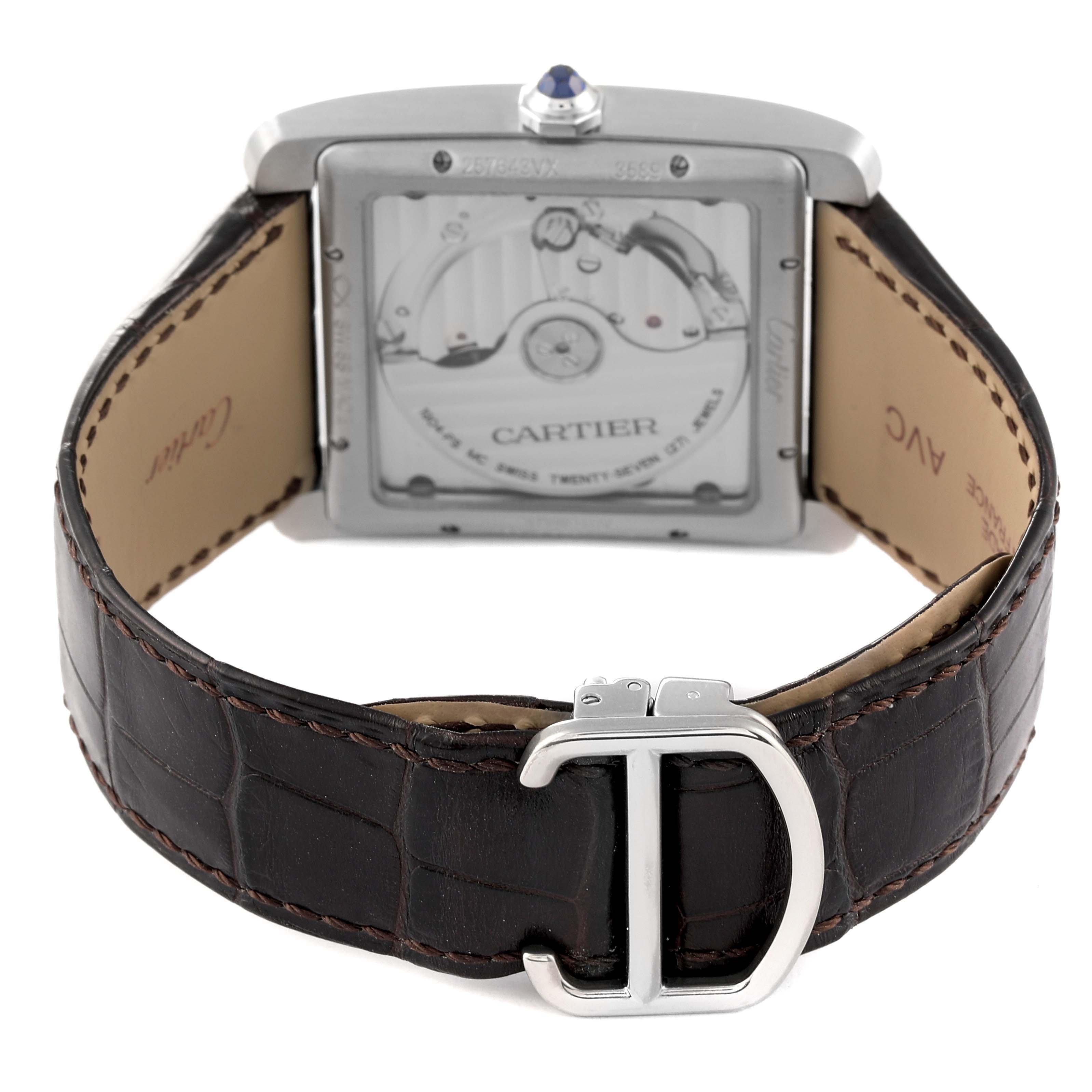 The image shows the back view of the Cartier Tank MC WSTA0010 Men's Stainless Steel Blue Dial WSTA0010 Men's Stainless Steel Blue Dial watch, displaying its movement and leather strap with a buckle.