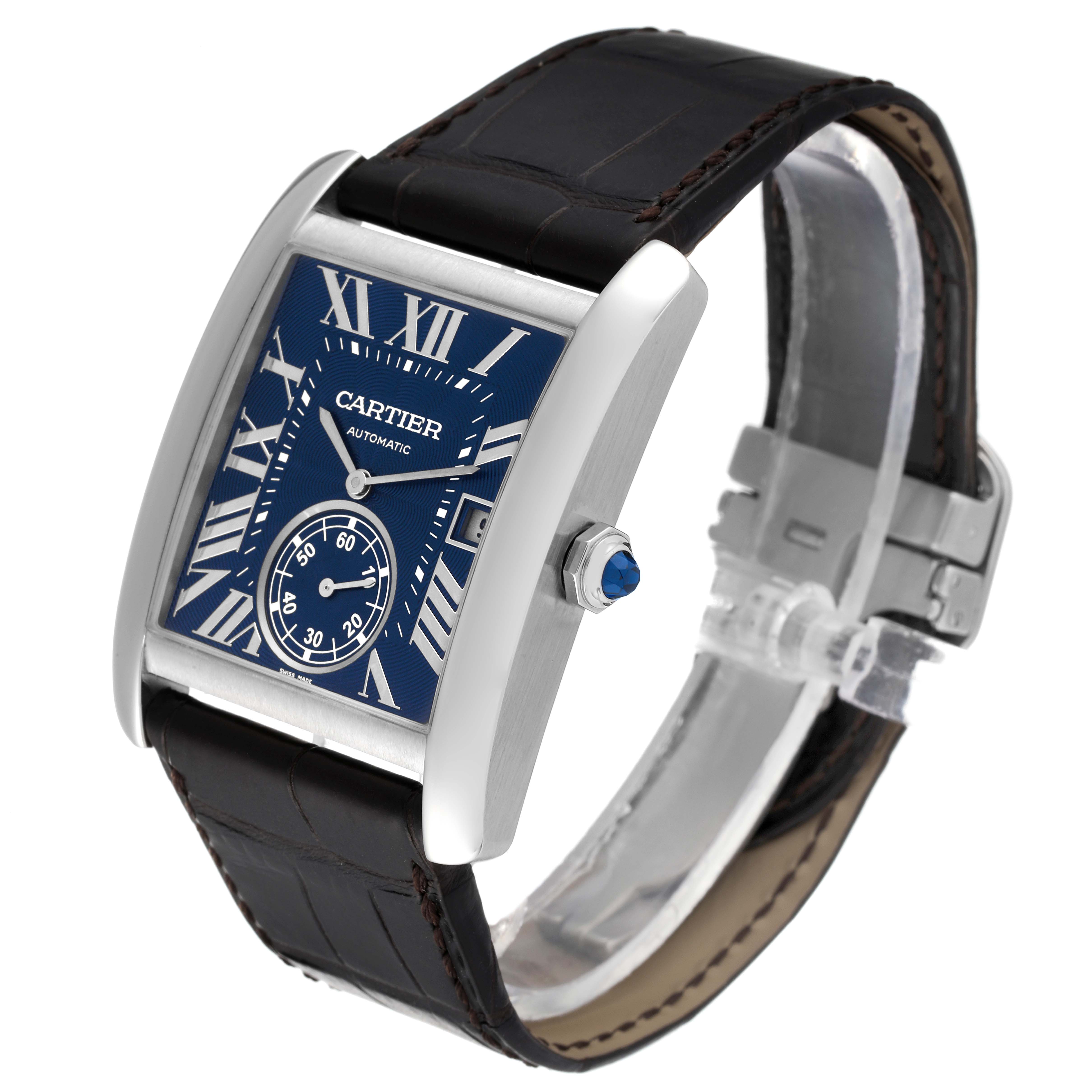 The image shows a Cartier Tank MC WSTA0010 Men's Stainless Steel Blue Dial WSTA0010 Men's Stainless Steel Blue Dial watch at a three-quarter angle, displaying the dial, case, crown, and leather strap.