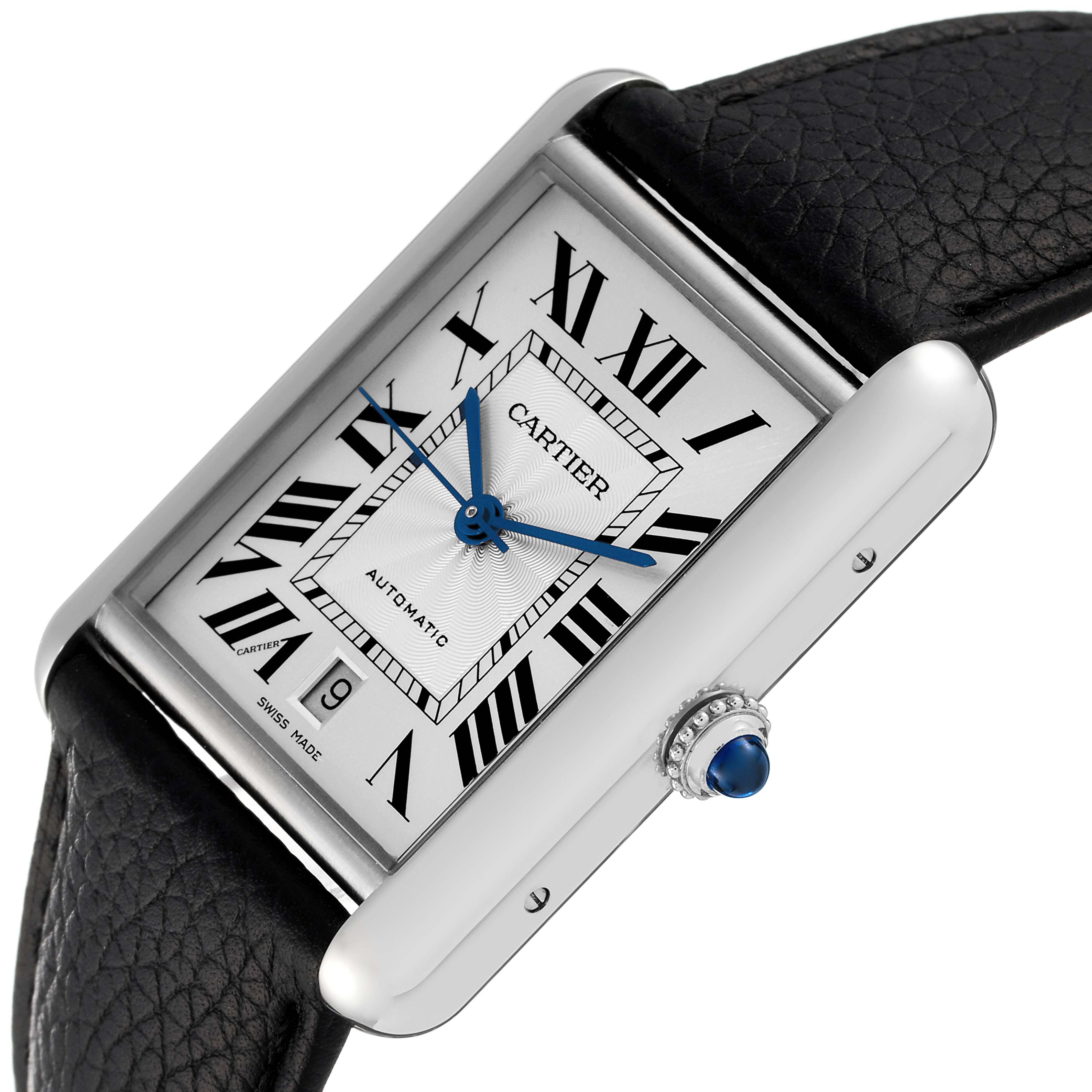 The image shows a close-up angle of the Cartier Tank Must WSTA0040 Men's Stainless Steel Silver Dial WSTA0040 Men's Stainless Steel Silver Dial watch, highlighting its face, blue hands, crown, and black leather strap.