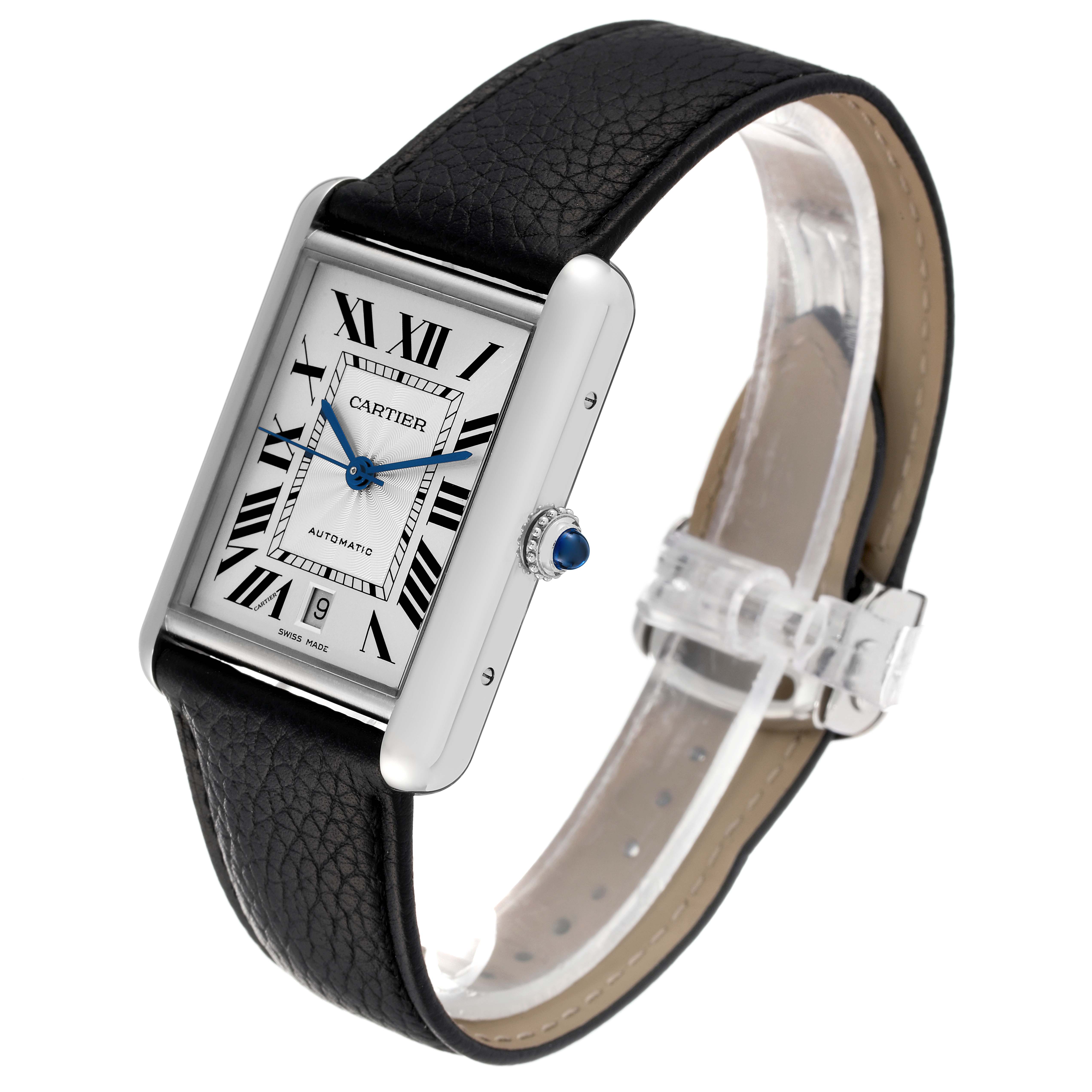 This Tank Must watch by Cartier is shown at a three-quarter angle, displaying its face, crown, and black leather strap.