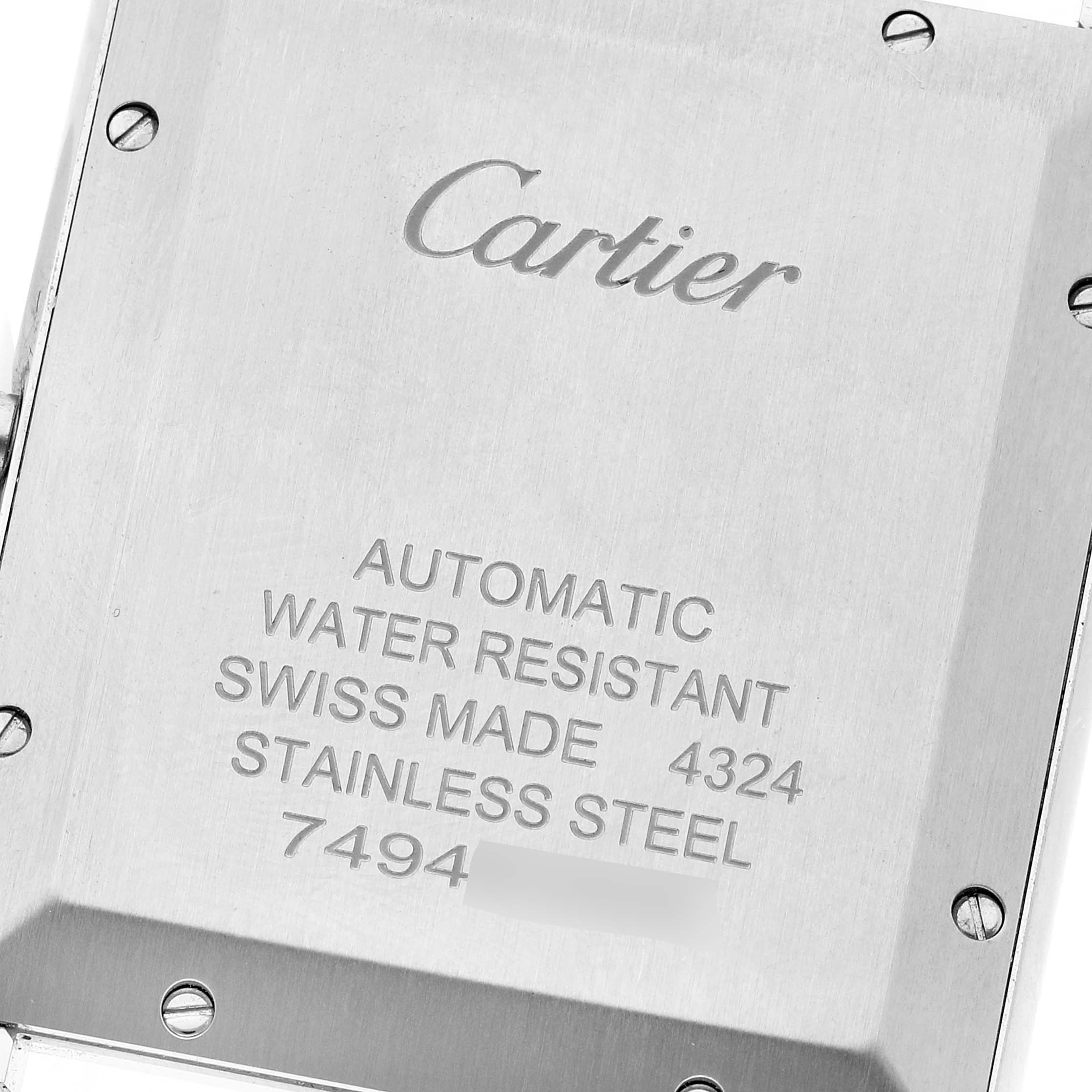 This image shows the back case of a Cartier Tank Must WSTA0040 Men's Stainless Steel Silver Dial WSTA0040 Men's Stainless Steel Silver Dial model watch, highlighting its specifications.