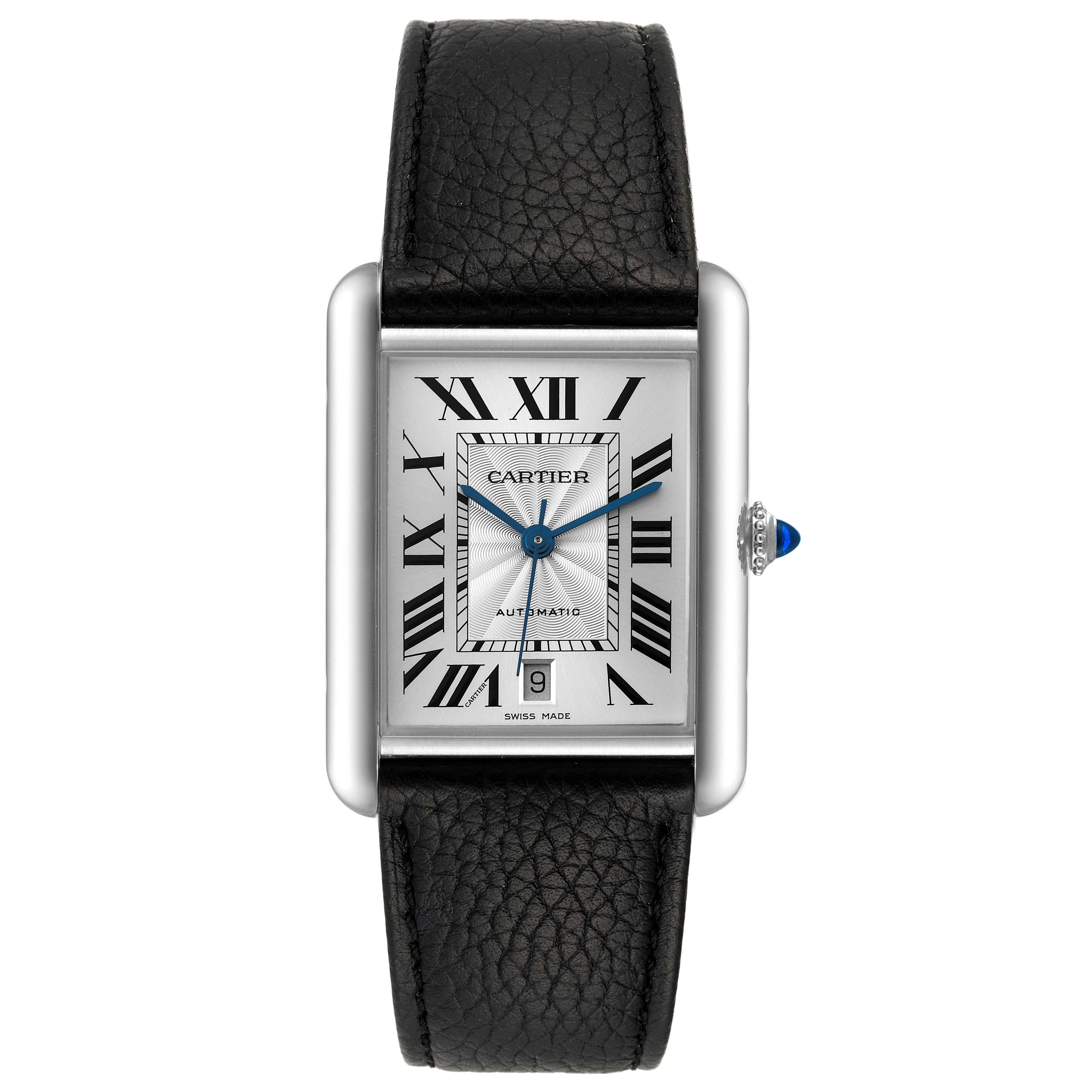 The image shows a full frontal view of the Cartier Tank Must WSTA0040 Men's Stainless Steel Silver Dial WSTA0040 Men's Stainless Steel Silver Dial watch, highlighting its rectangular dial, Roman numerals, and black leather strap.