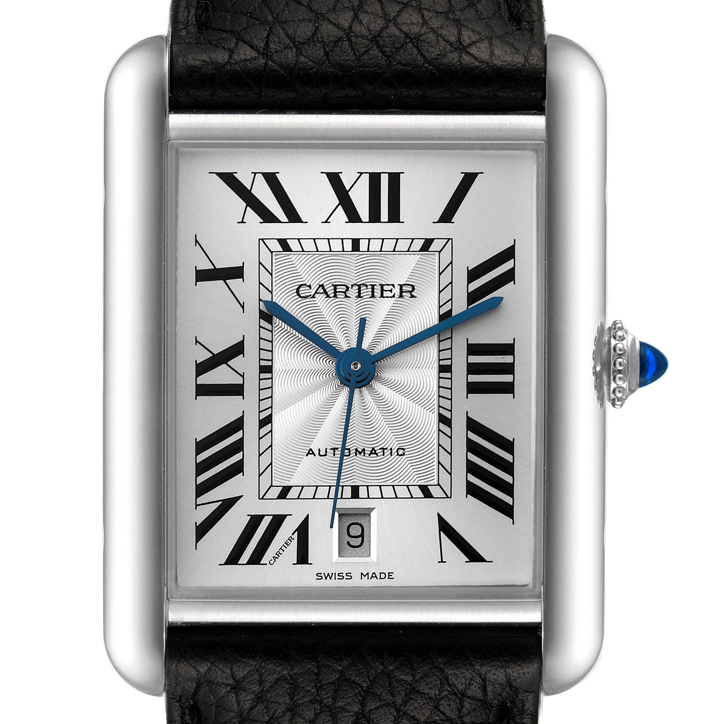 This image shows a frontal view of the Cartier Tank Must WSTA0040 Men's Stainless Steel Silver Dial WSTA0040 Men's Stainless Steel Silver Dial watch, highlighting its rectangular face, Roman numerals, blue hands, and date window.
